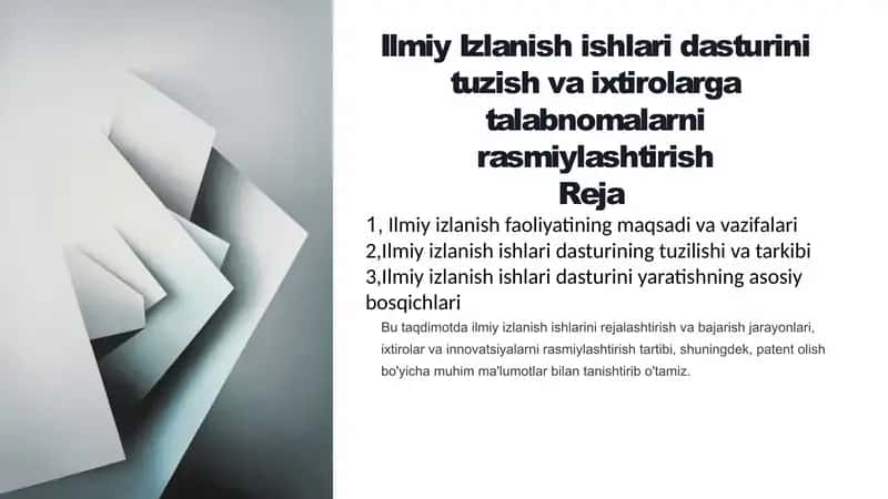 Ilmiy Izlanish ishlari dasturini tuzish va ixtirolargatalabnomalarnirasmiylashtirish 1