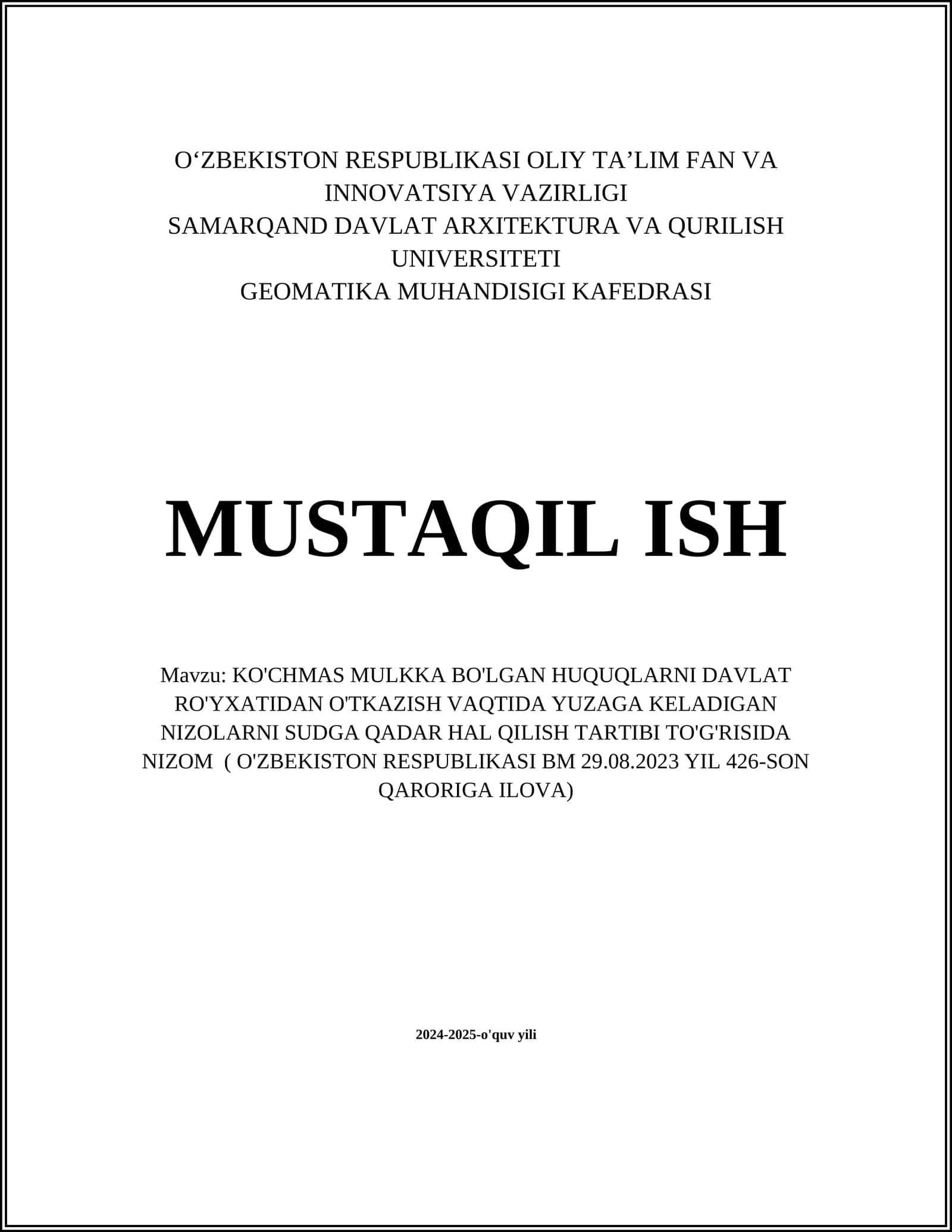 KO'CHMAS MULKKA BO'LGAN HUQUQLARNI DAVLAT RO'YXATIDAN O'TKAZISH VAQTIDA YUZAGA KELADIGAN NIZOLARNI SUDGA QADAR HAL QILISH TARTIBI 1