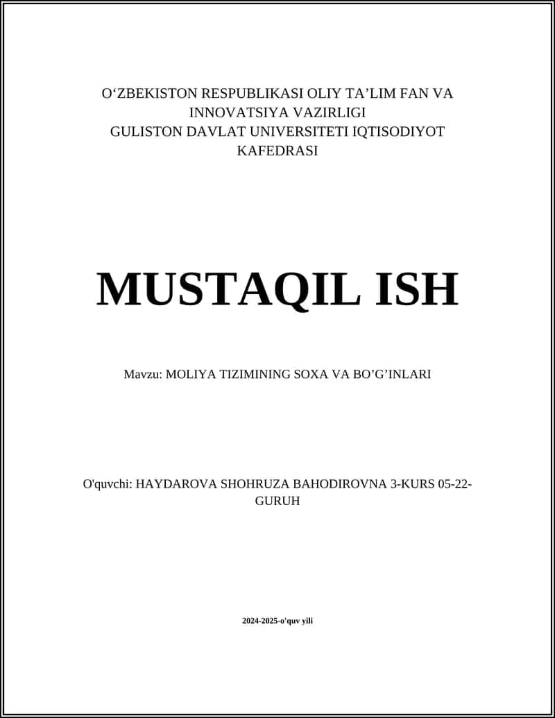 MOLIYA TIZIMINING SOXA VA BO’G’INLARI 1