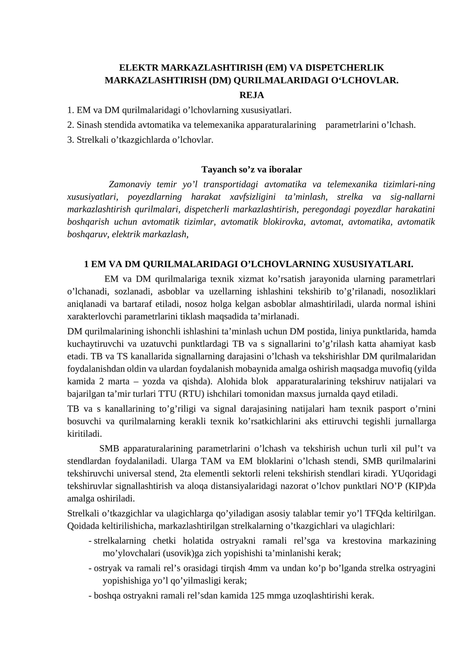 ELEKTR MARKAZLASHTIRISH (EM) VA DISPETCHERLIK MARKAZLASHTIRISH (DM) QURILMALARIDAGI O‘LCHOVLAR 1