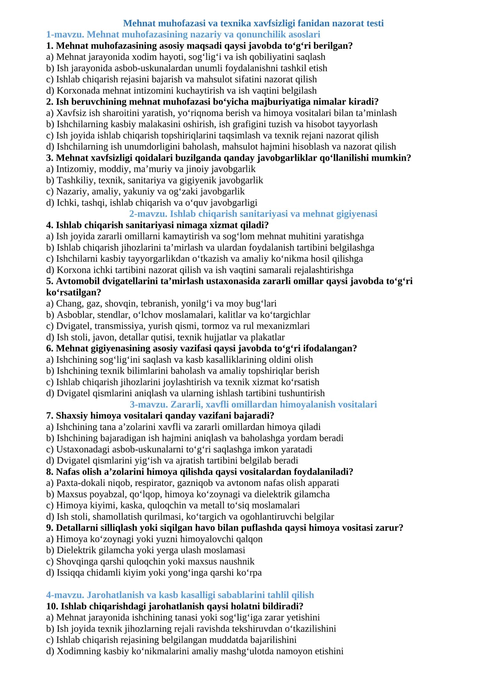 Mehnat muhofazasi va texnika xavfsizligi fanidan nazorat testi 1