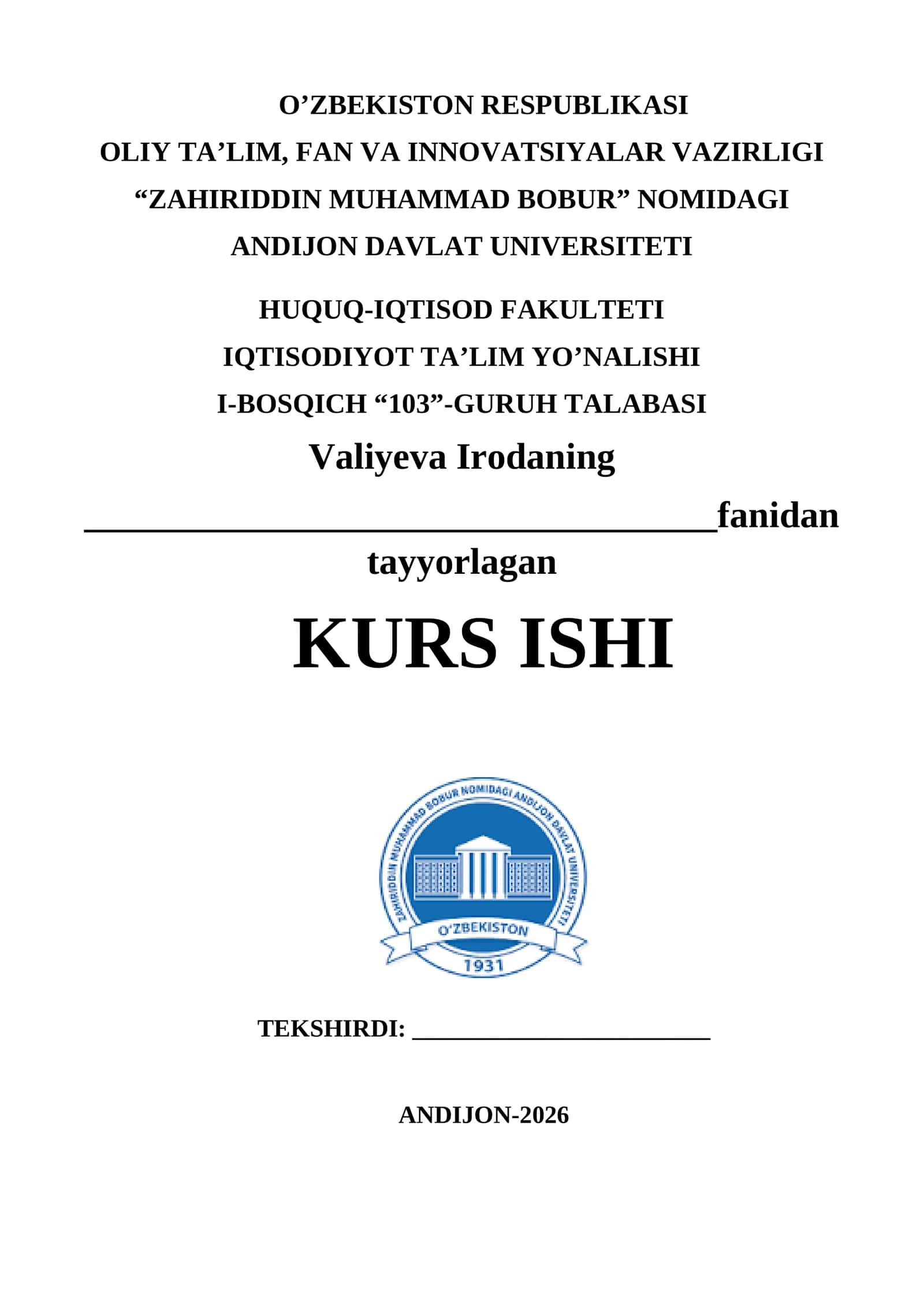 KURS ISHI IQTISODIYOTDA TALAB VA TAKLIF 1
