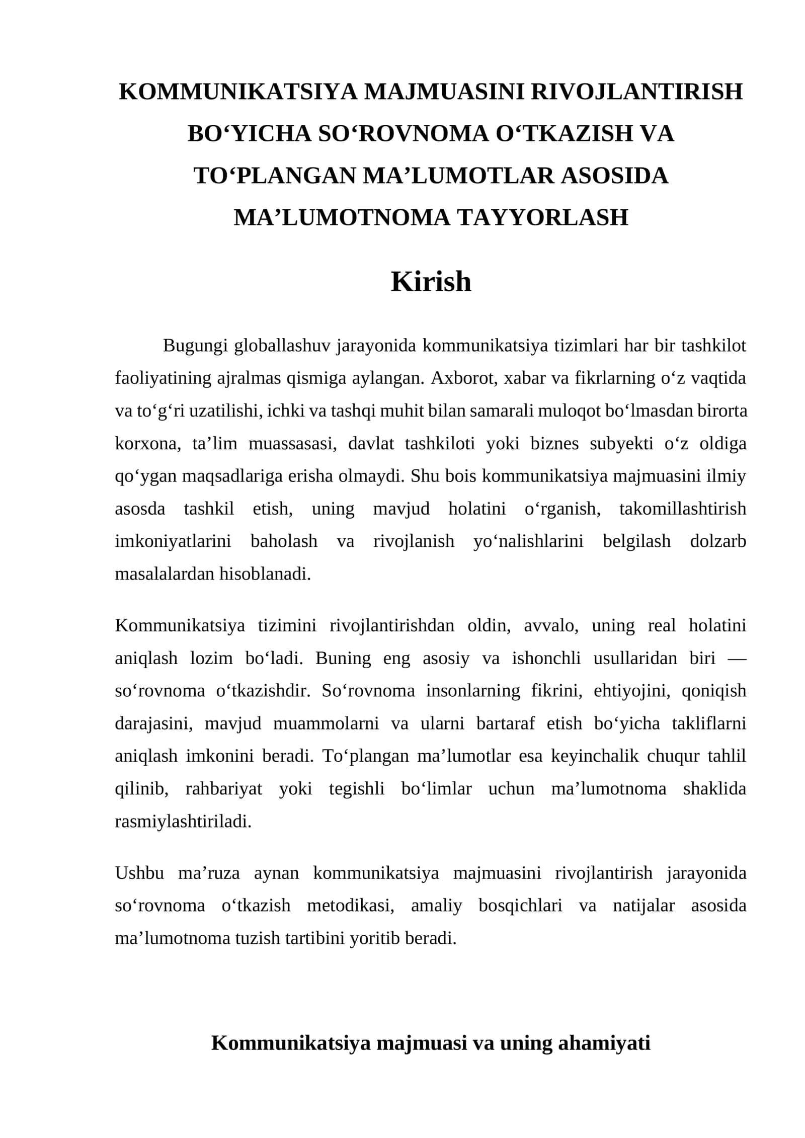 Kommunikatsiya majmuasini rivojlantirish bo‘yicha so‘rovnoma o‘tkazish va to‘plangan ma’lumotlar asosida ma’lumotnoma tayyorlash 1