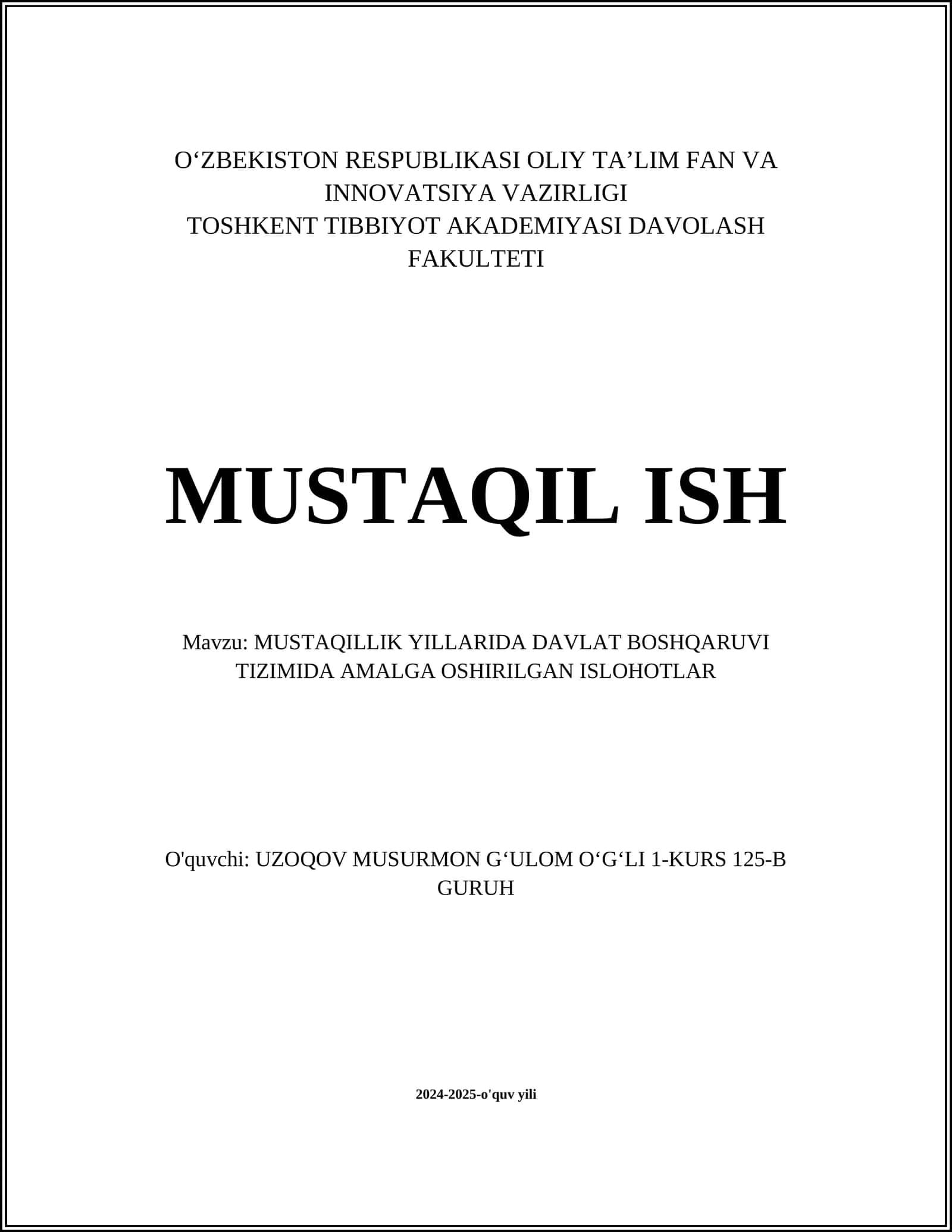 MUSTAQILLIK YILLARIDA DAVLAT BOSHQARUVI TIZIMIDA AMALGA OSHIRILGAN ISLOHOTLAR 1