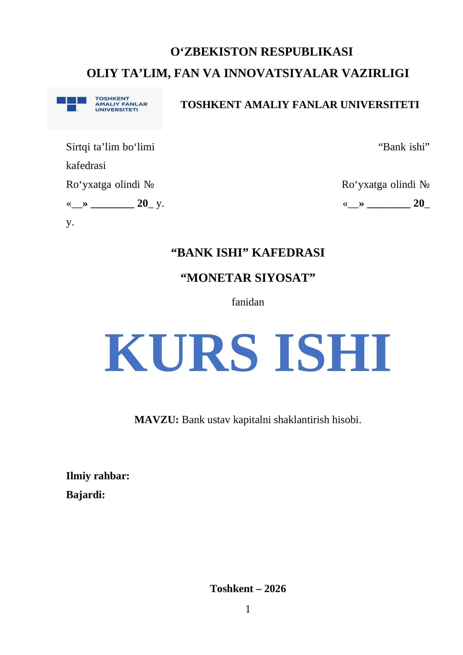 Bank ustav kapitalni shaklantirish hisobi. 1