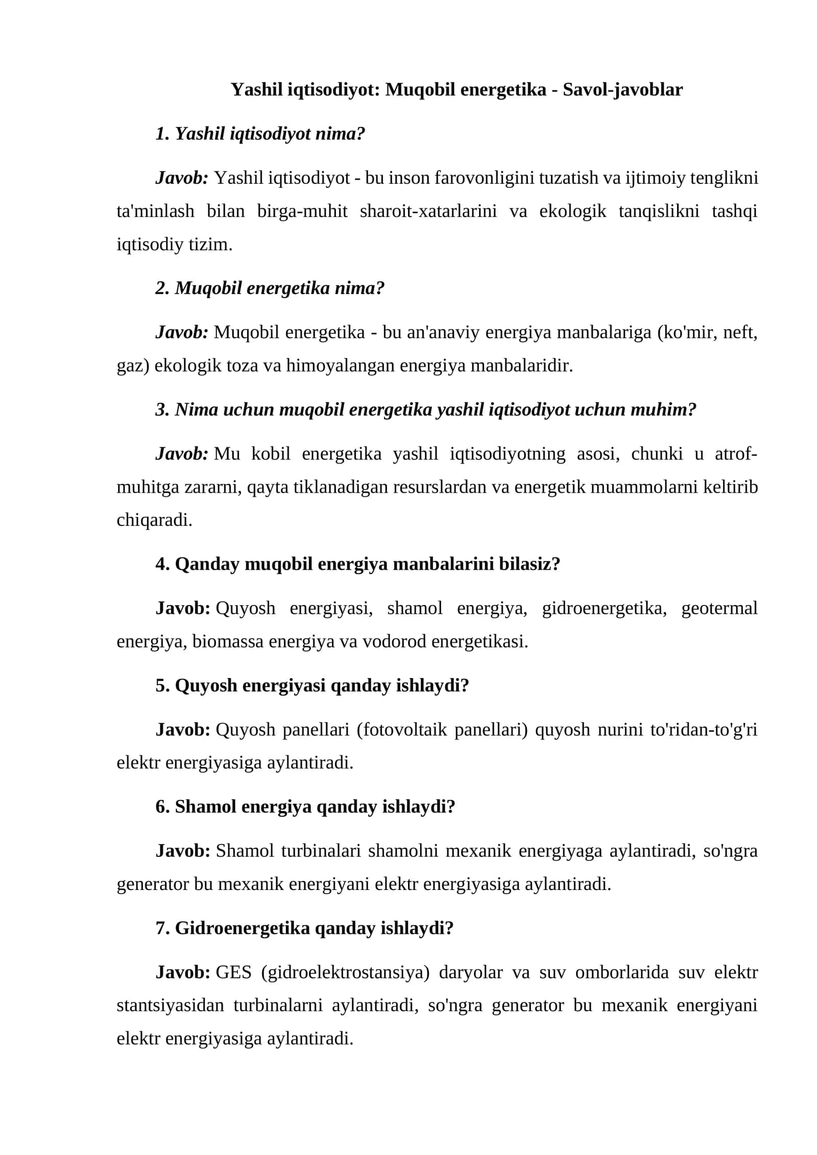 Yashil iqtisodiyot: Muqobil energetika - Savol-javoblar 1