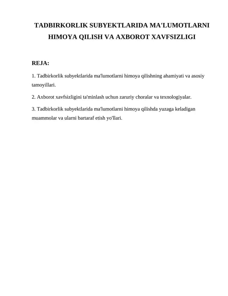 Tadbirkorlik subyektlarida ma'lumotlarni himoya qilish va axborot xavfsizligi 1