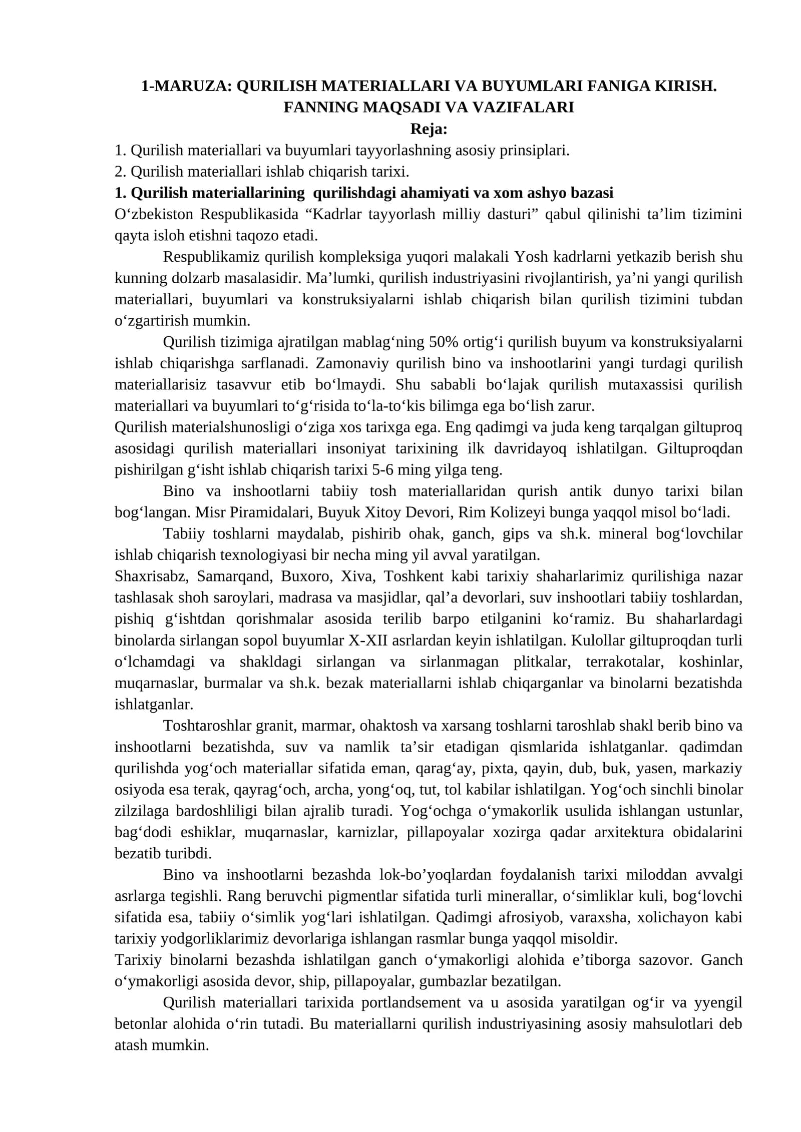 MARUZA: QURILISH MATERIALLARI VA BUYUMLARI FANIGA KIRISH. FANNING MAQSADI VA VAZIFALARI 1