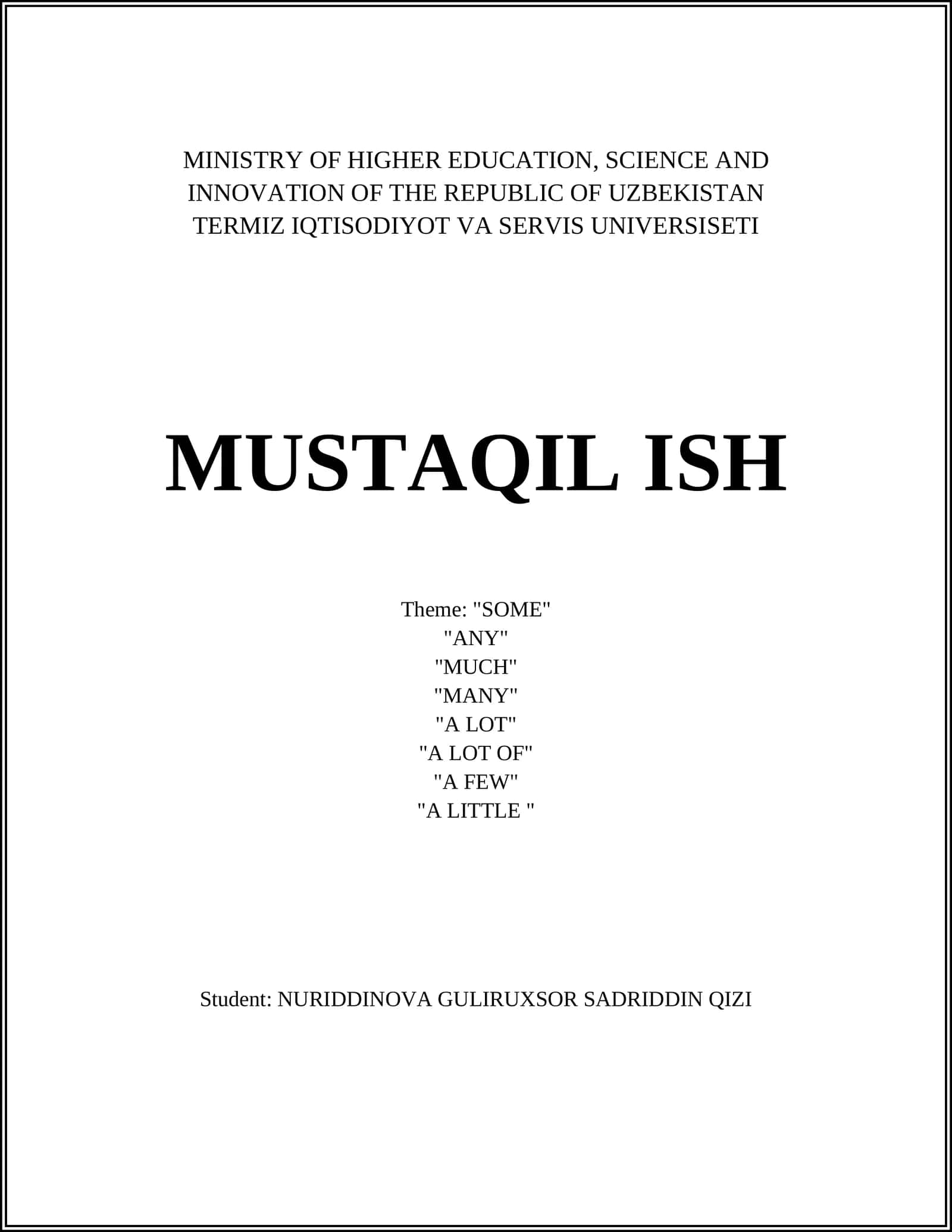 Termez Iqtisodiyot va Servis Universiteti Mustaqil Ish 1