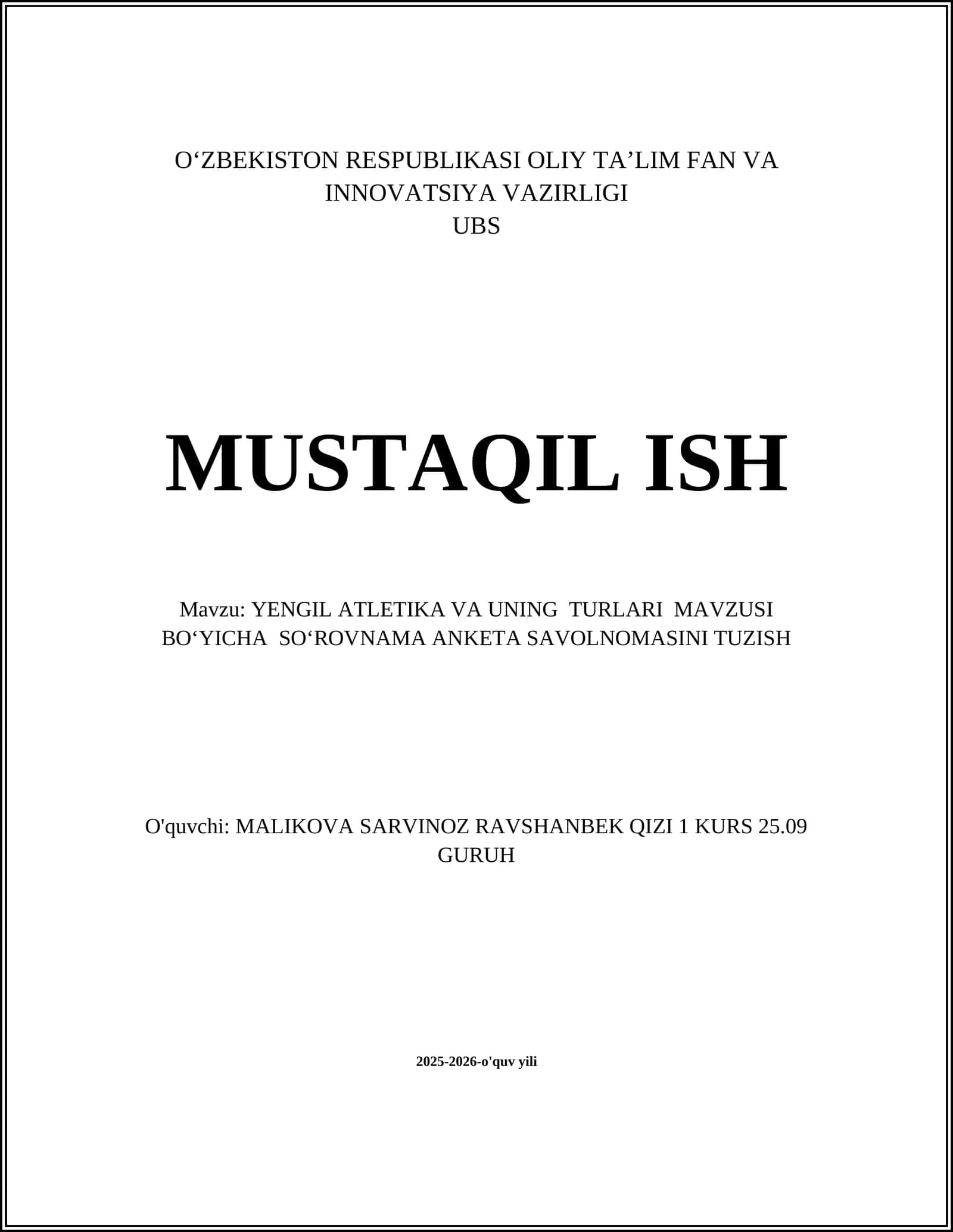 YENGIL ATLETIKA VA UNING TURLARI MAVZUSI BOʻYICHA SOʻROVNAMA ANKETA SAVOLNOMASINI TUZISH 1