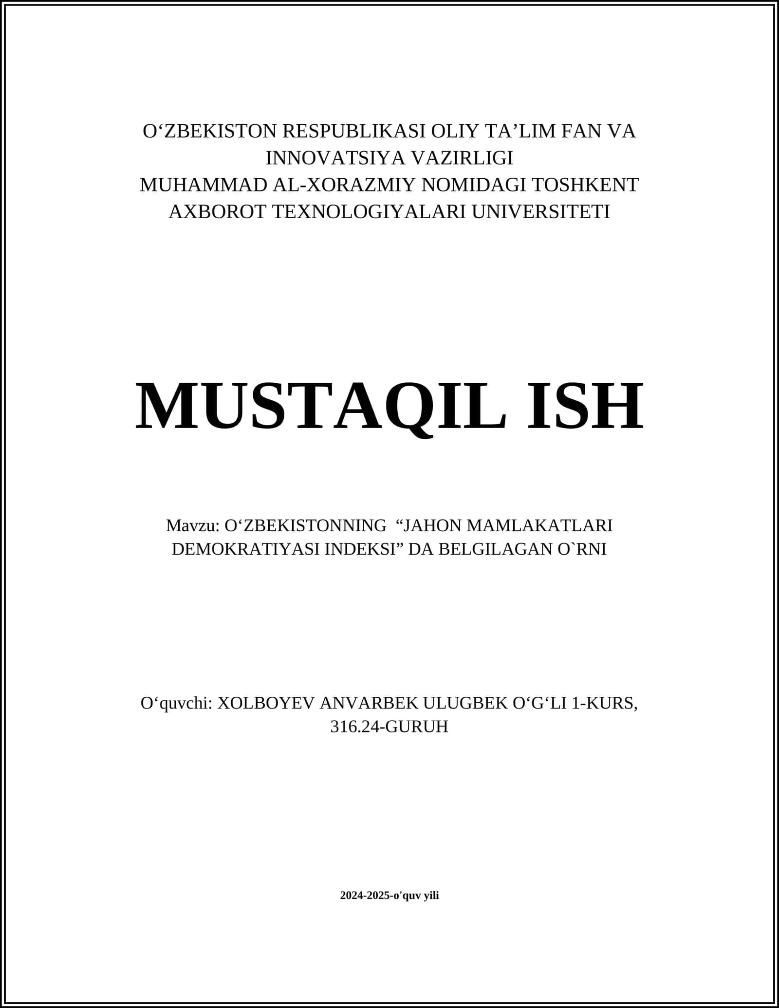 O‘ZBEKISTONNING “JAHON MAMLAKATLARI DEMOKRATIYASI INDEKSI” DA BELGILAGAN O`RNI 1