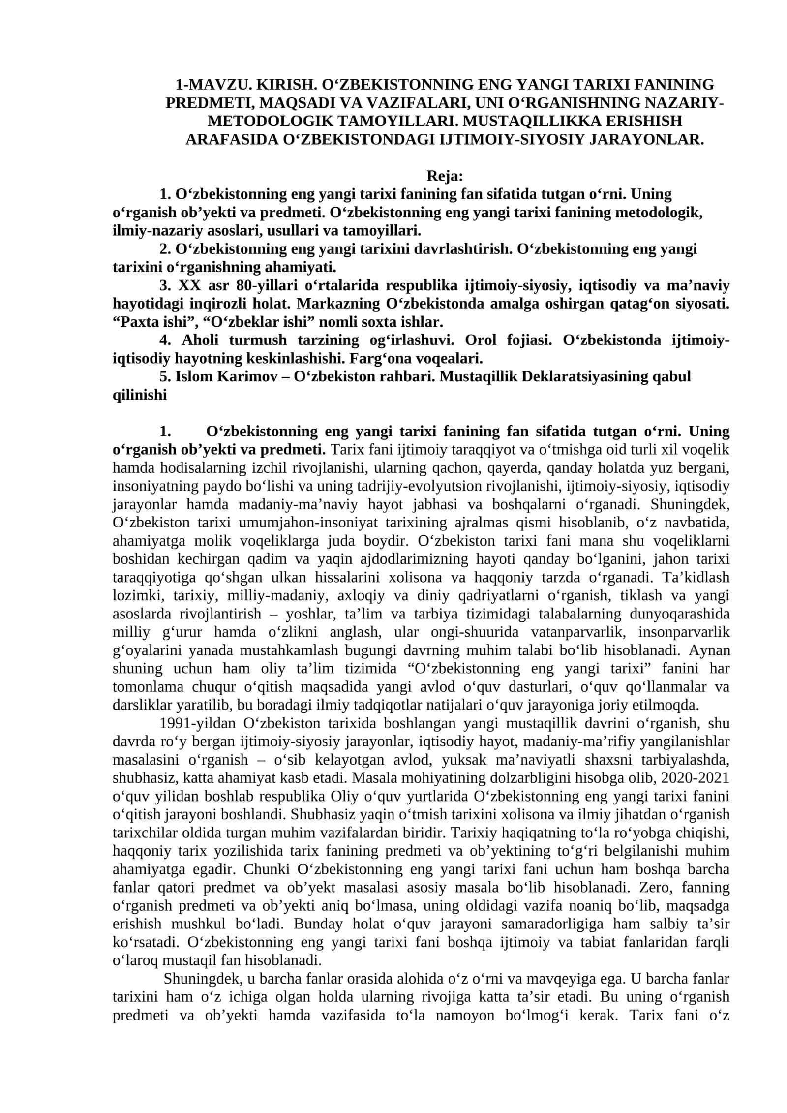 O‘zbekistonning Eng Yangi Tarixi 1