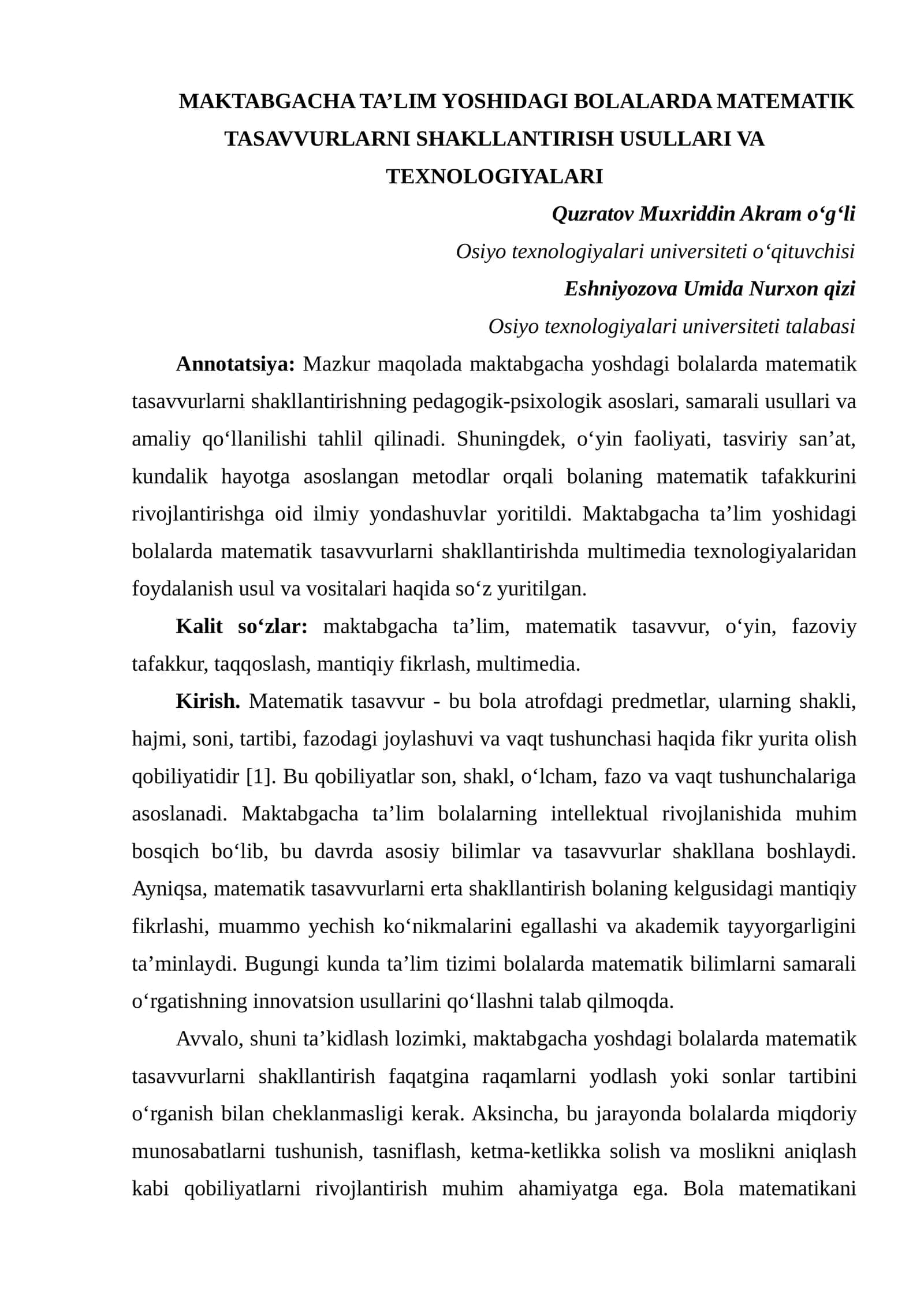 MAKTABGACHA TA’LIM YOSHIDAGI BOLALARDA MATEMATIK TASAVVURLARNI SHAKLLANTIRISH USULLARI VA TEXNOLOGIYALARI 1