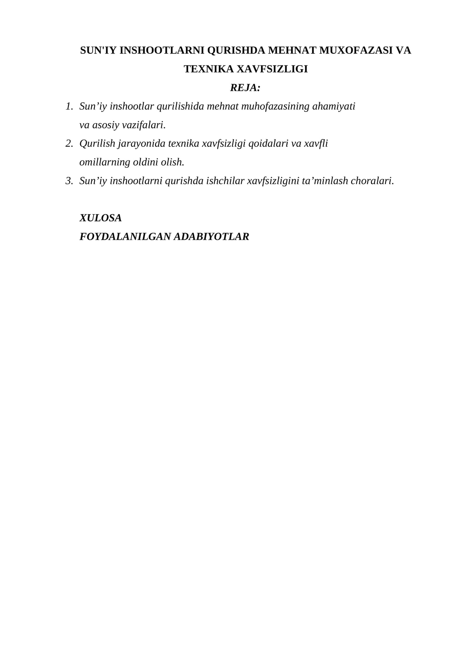 SUN'IY INSHOOTLARNI QURISHDA MEHNAT MUXOFAZASI VA TEXNIKA XAVFSIZLIGI 1