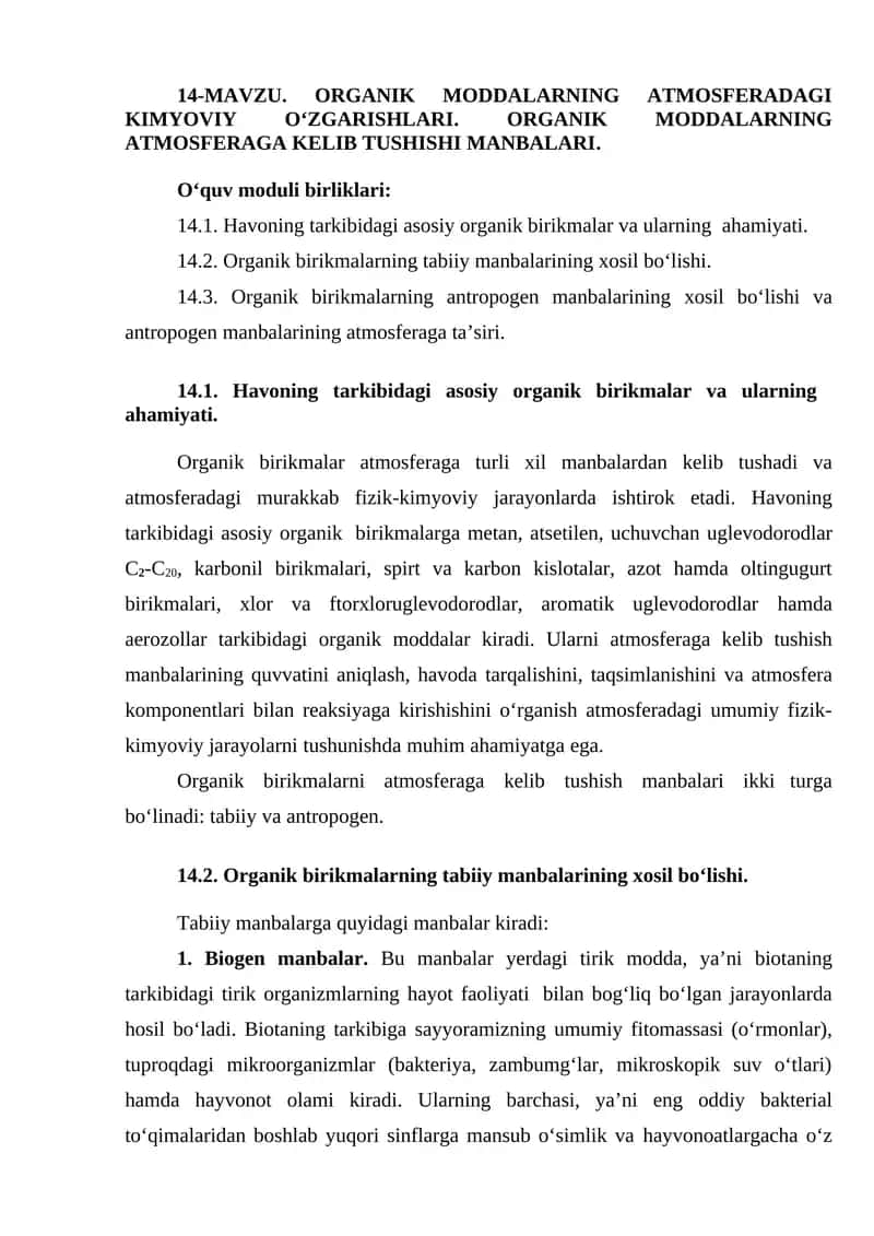 Organik moddalarning atmosferadagi kimyoviy o‘zgarishlari 1
