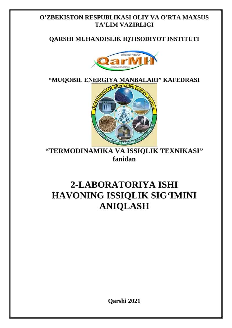TERMODINAMIKA VA ISSIQLIK TEXNIKASI LABORATORIYA ISHI 1