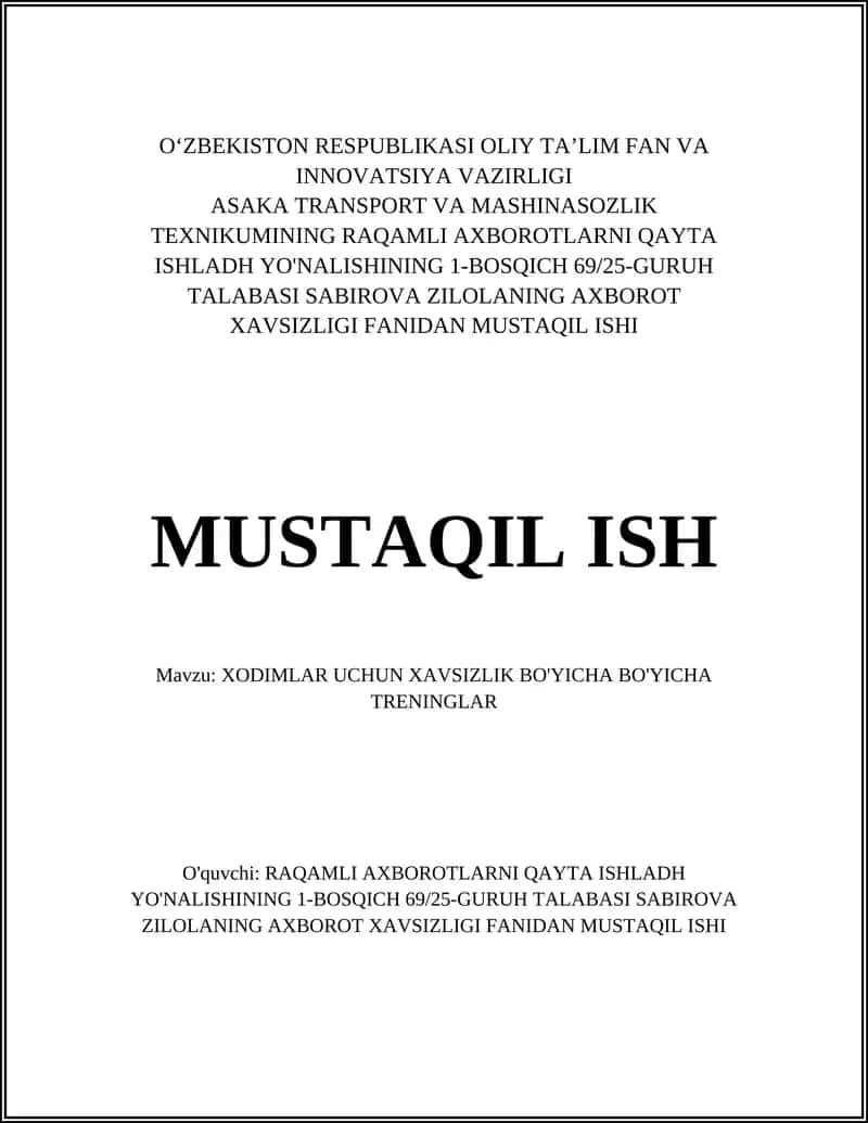 XODIMLAR UCHUN XAVSIZLIK BO'YICHA BO'YICHA TRENINGLAR 1