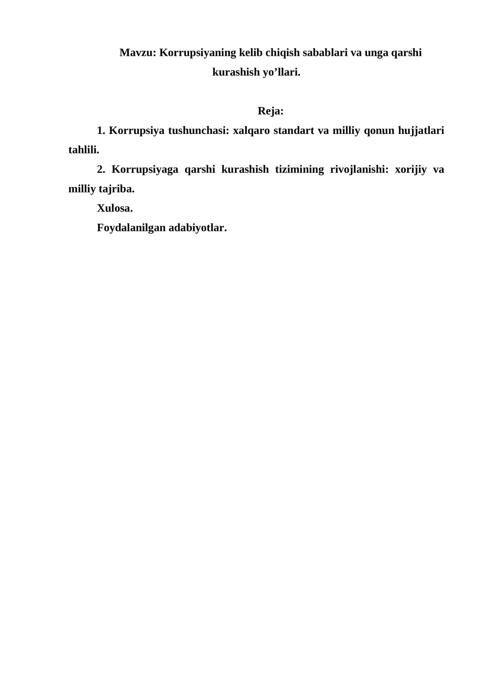 Korrupsiyaning kelib chiqish sabablari va unga qarshi kurashish yo’llari. 1
