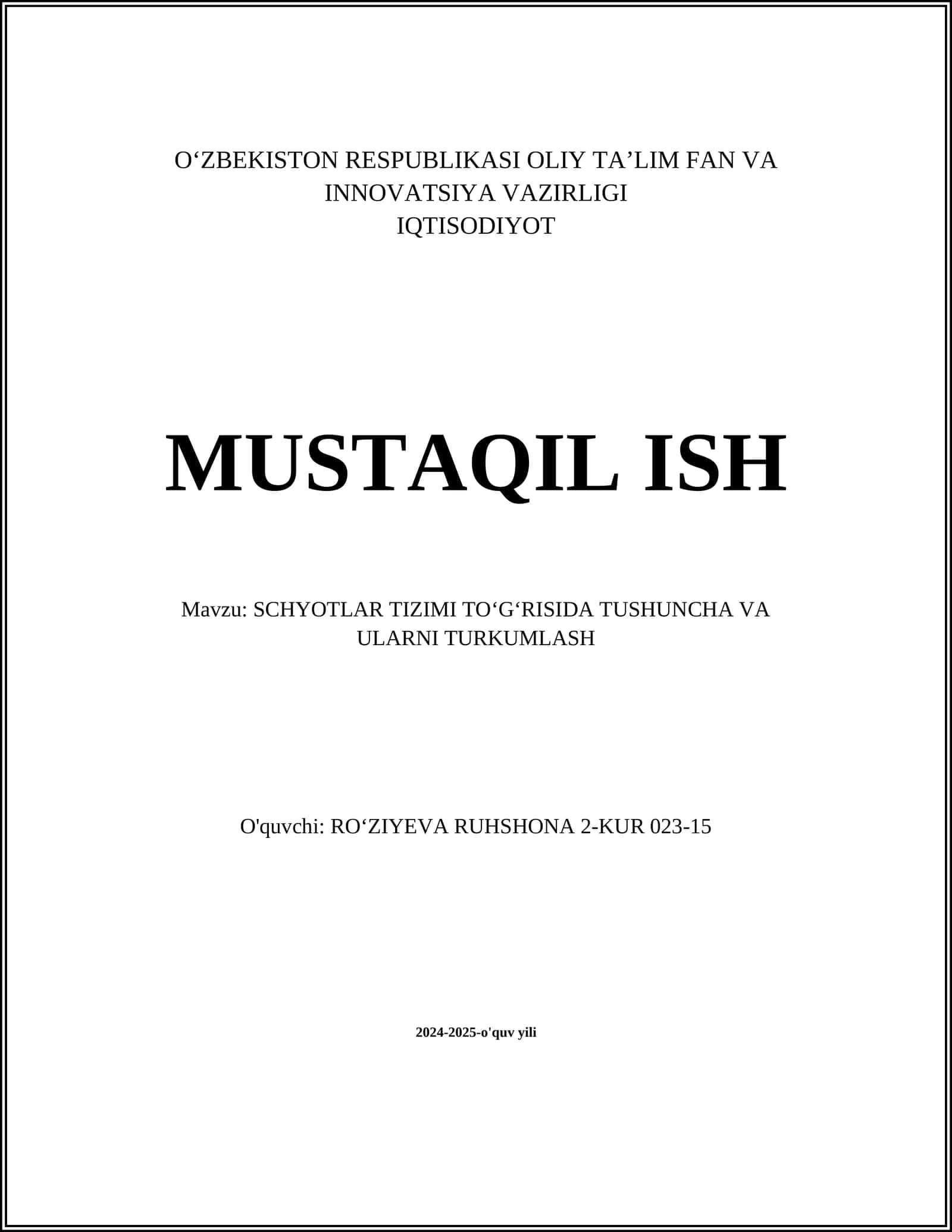 SCHYOTLAR TIZIMI TO‘G‘RISIDA TUSHUNCHA VA ULARNI TURKUMLASH 1