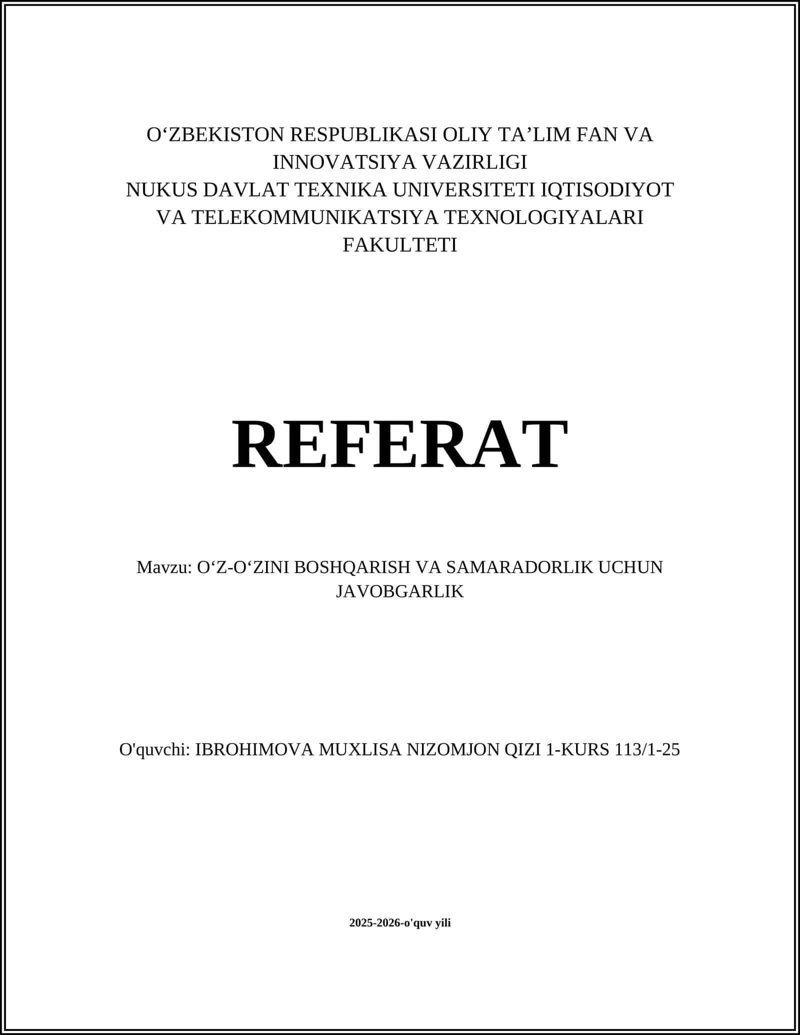 O‘Z-O‘ZINI BOSHQARISH VA SAMARADORLIK UCHUN JAVOBGARLIK 1