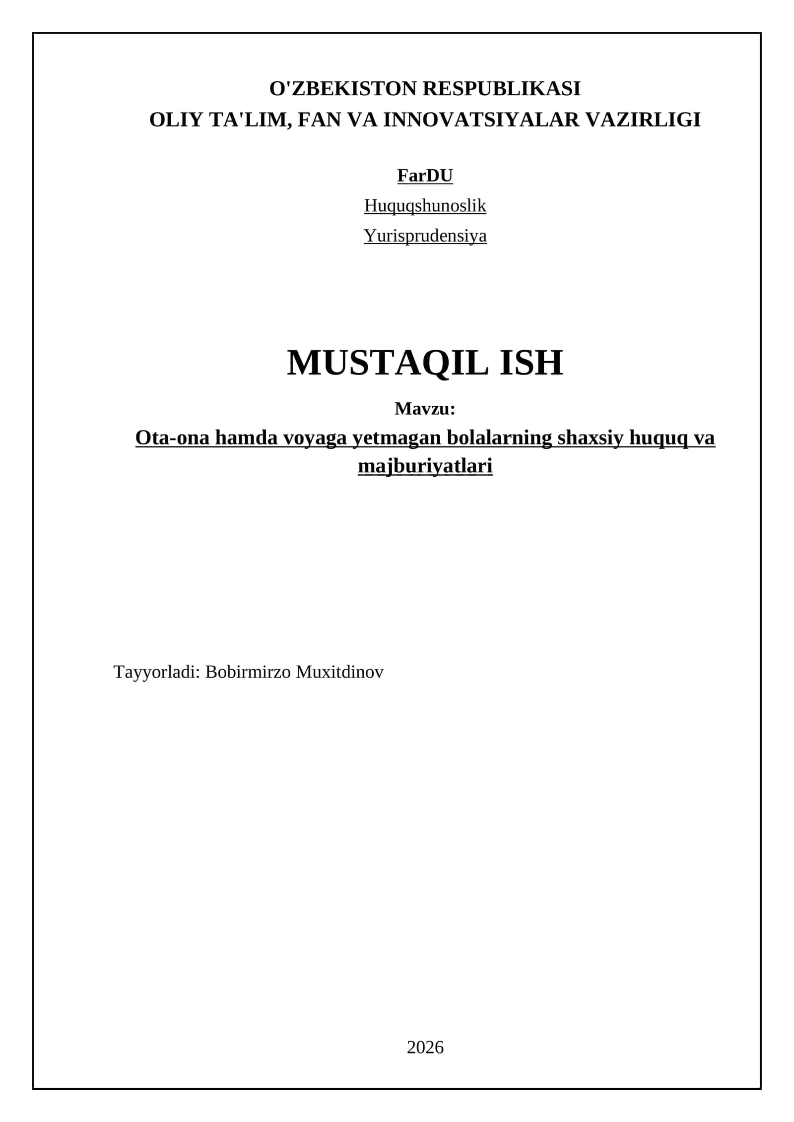 Ota-onaning voyaga yetmagan farzand oldidagi shaxsiy huquqlari va majburiyatlari 1