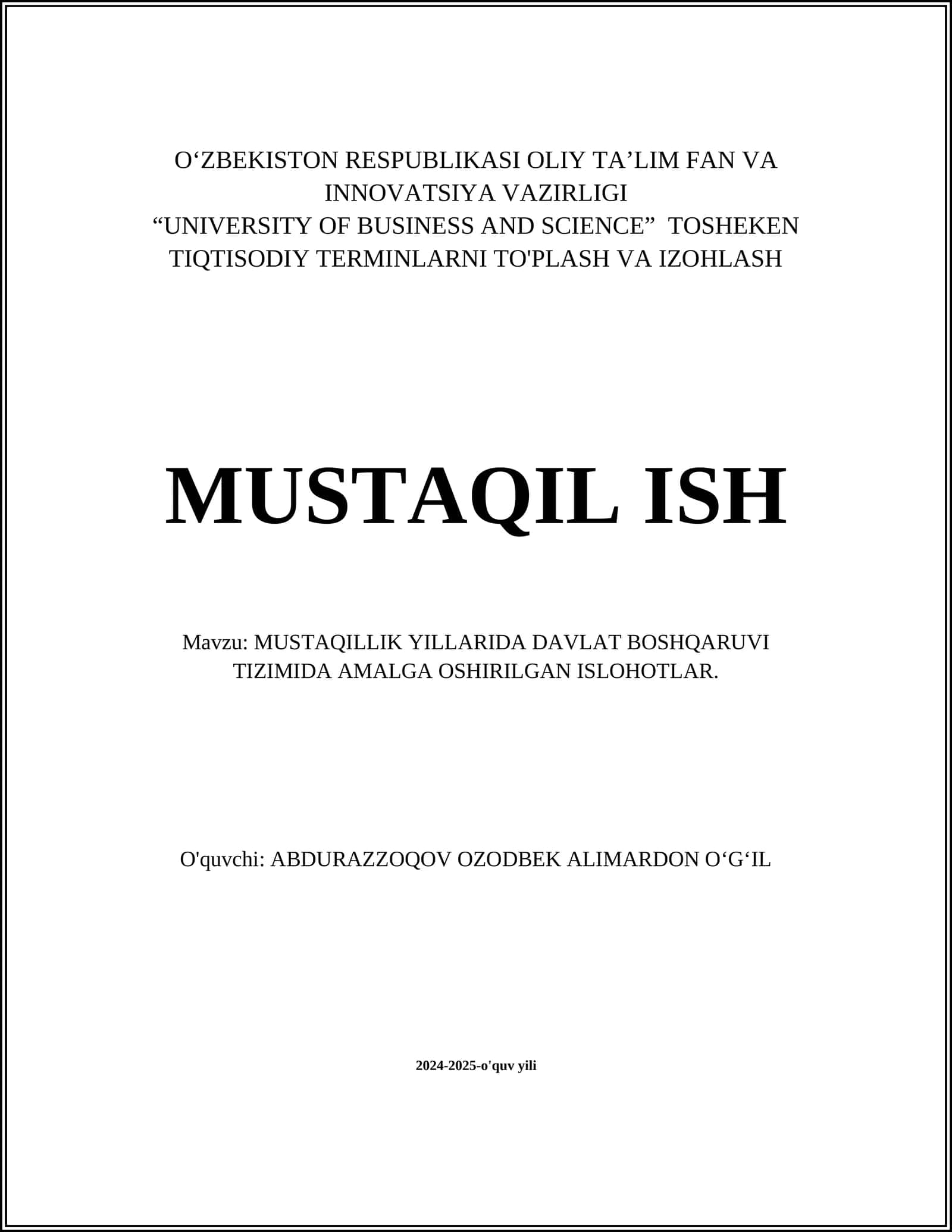 MUSTAQILLIK YILLARIDA DAVLAT BOSHQARUVI TIZIMIDA AMALGA OSHIRILGAN ISLOHOTLAR 1
