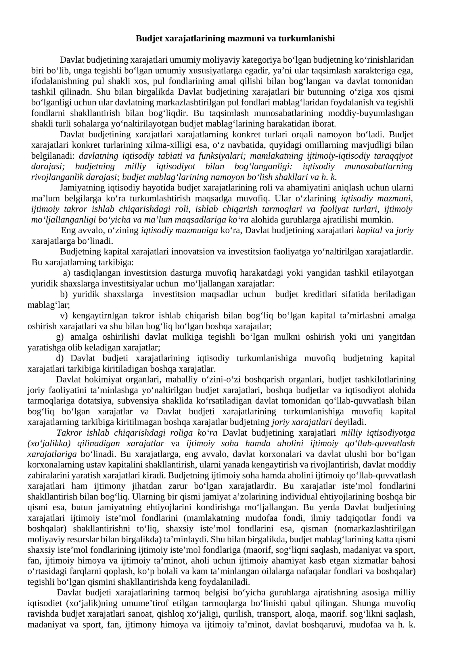 Budjet xarajatlarining mazmuni va turkumlanishi 1