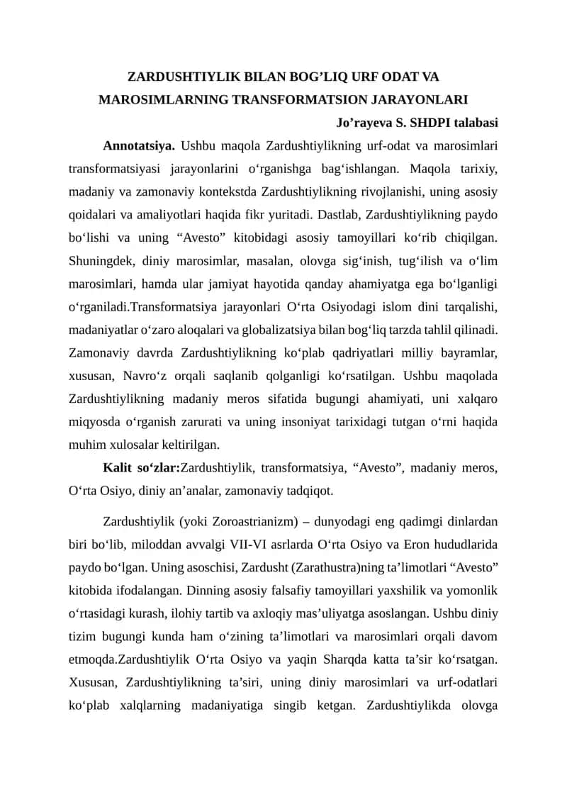 Zardushtiylik Bilan Bog’liq Urf Odat va Marosimlarning Transformatsiyon Jarayonlari 1