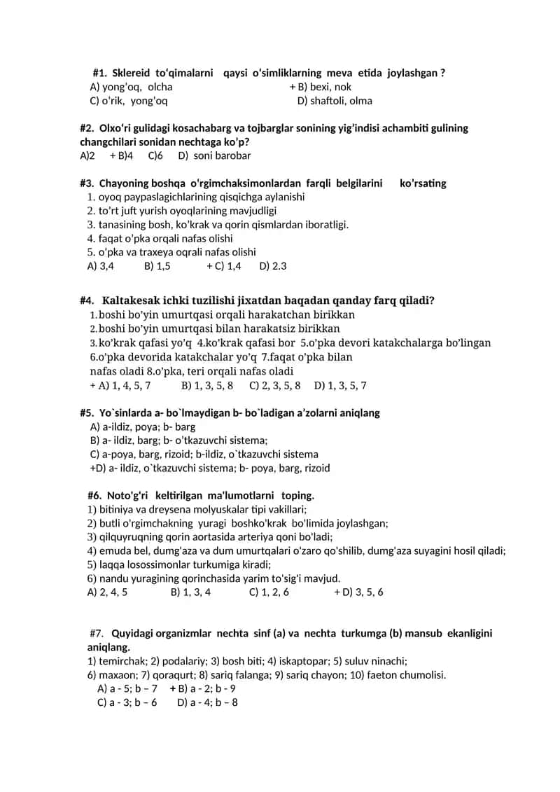 Biologiya fanidan test savollari 1