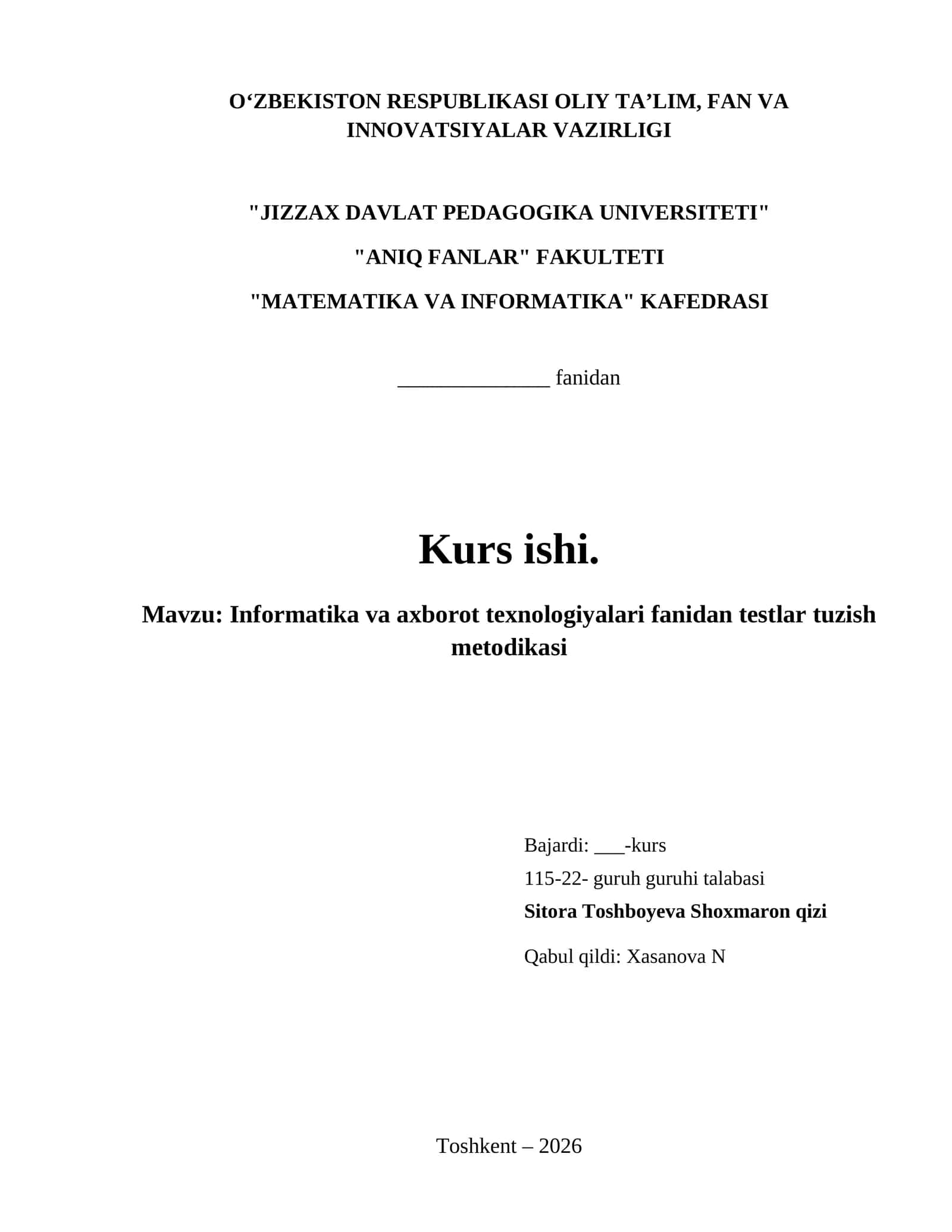 Informatika va axborot texnologiyalari fanidan testlar tuzish metodikasi 1