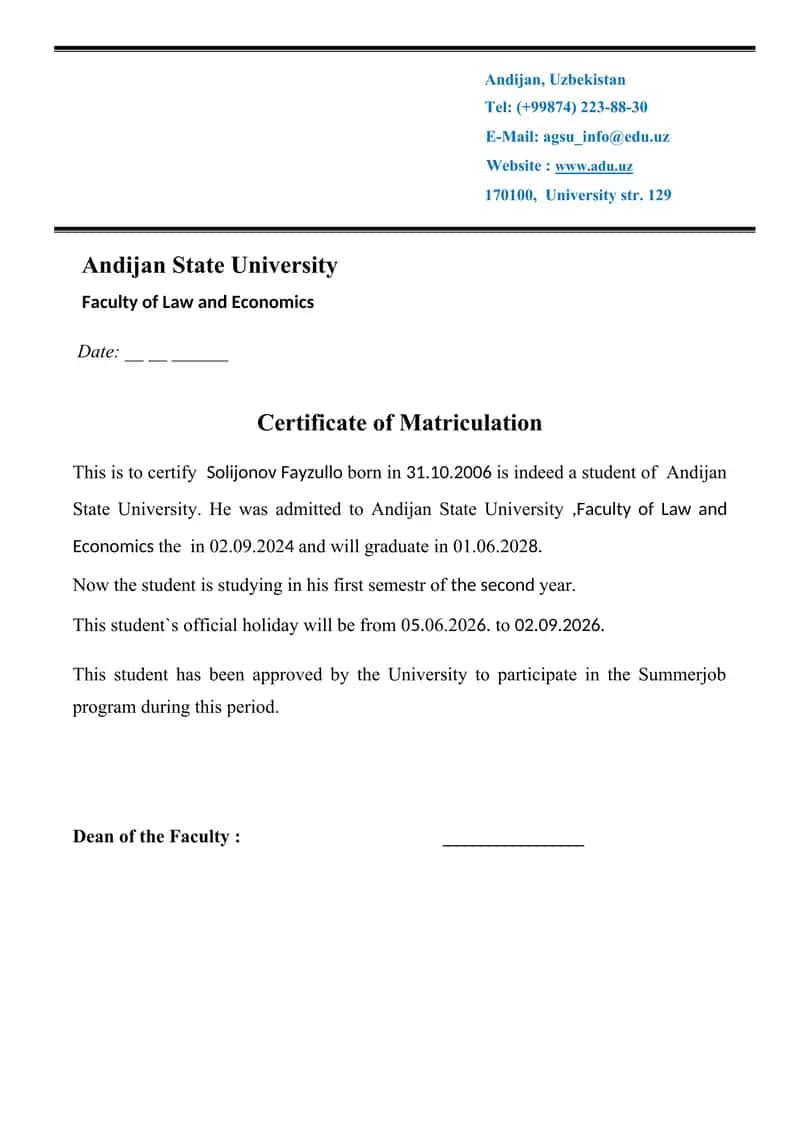 Certificate of Matriculation 1