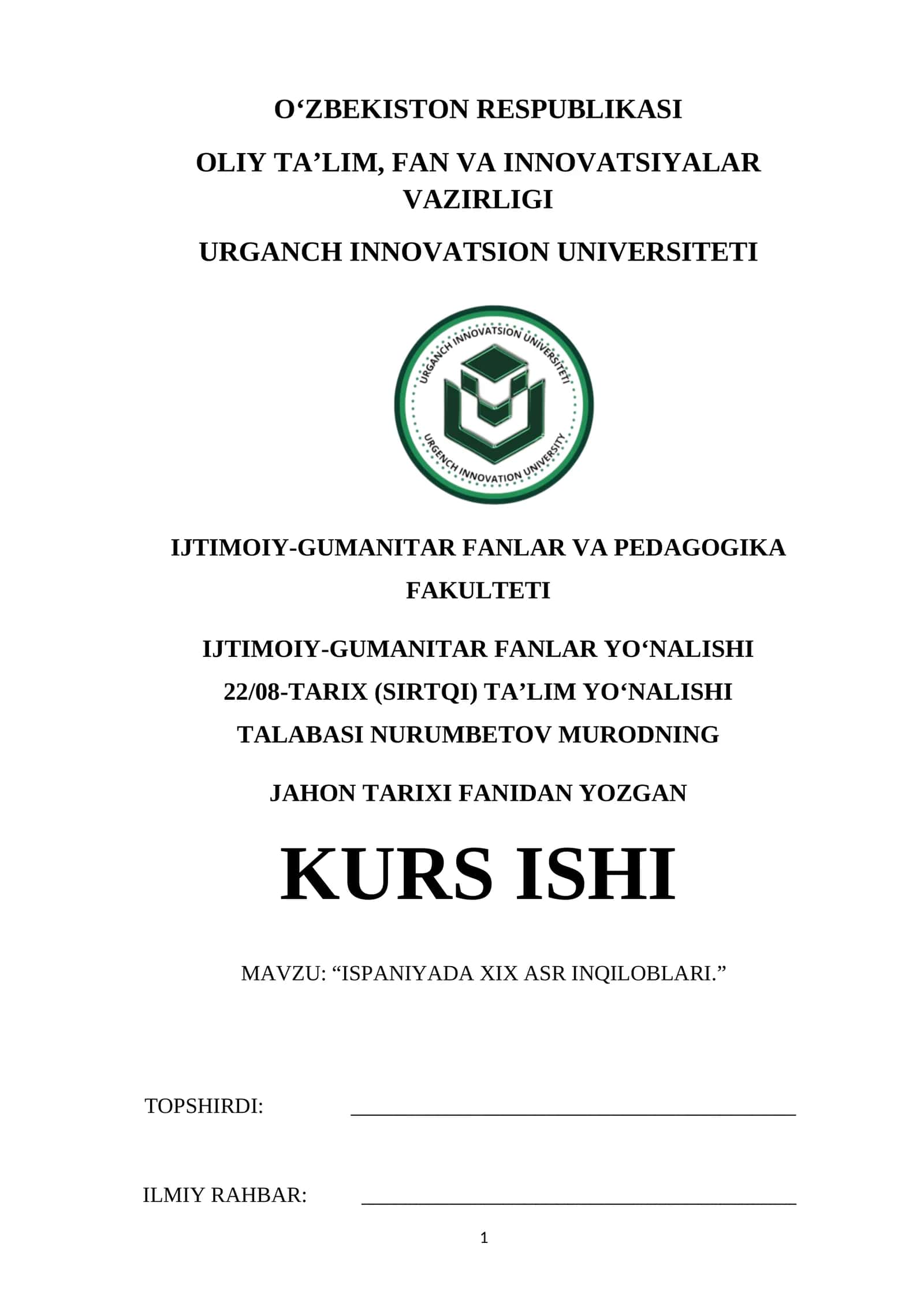 ISPANIYADA XIX ASR INQILOBLARI kurs ishi 1