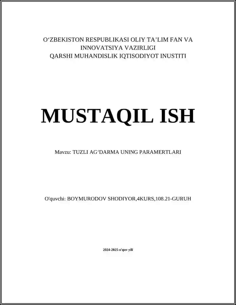 TUZLI AGʻDARMA UNING PARAMERTLARI 1