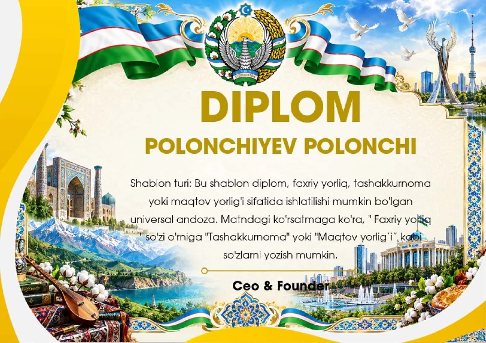 Shablon diplom, sertifikat, faxriy yorliq, tashakkurnoma yoki maqtov yorlig'i 1