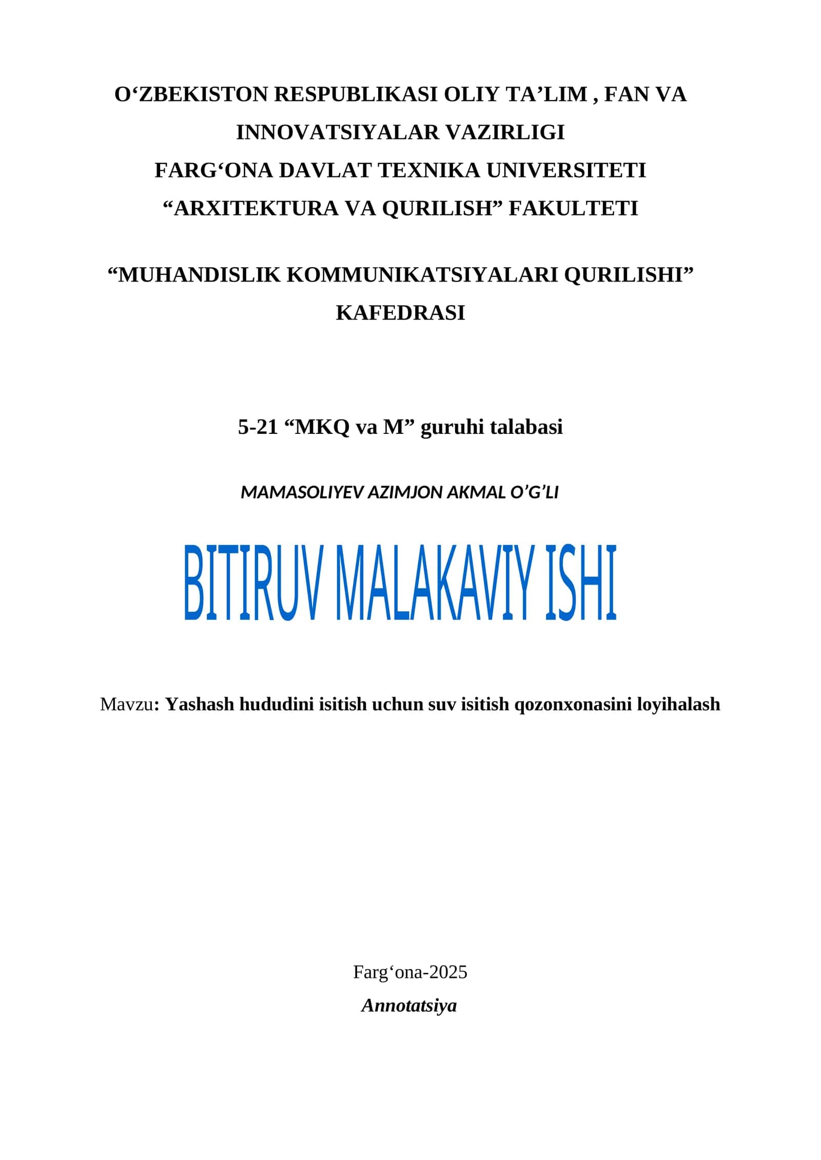 Yashash hududini isitish uchun suv isitish qozonxonasini loyihalash 1