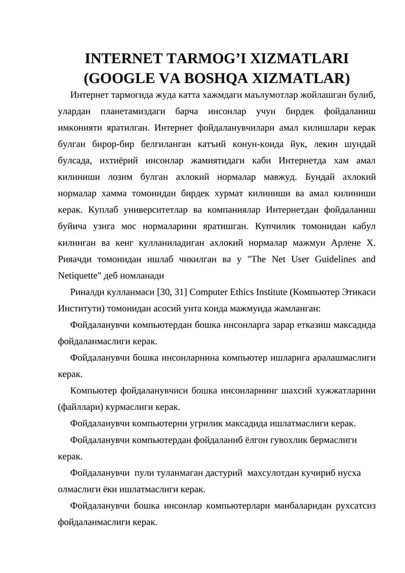 INTERNET TARMOG’I XIZMATLARI (GOOGLE VA BOSHQA XIZMATLAR) 1