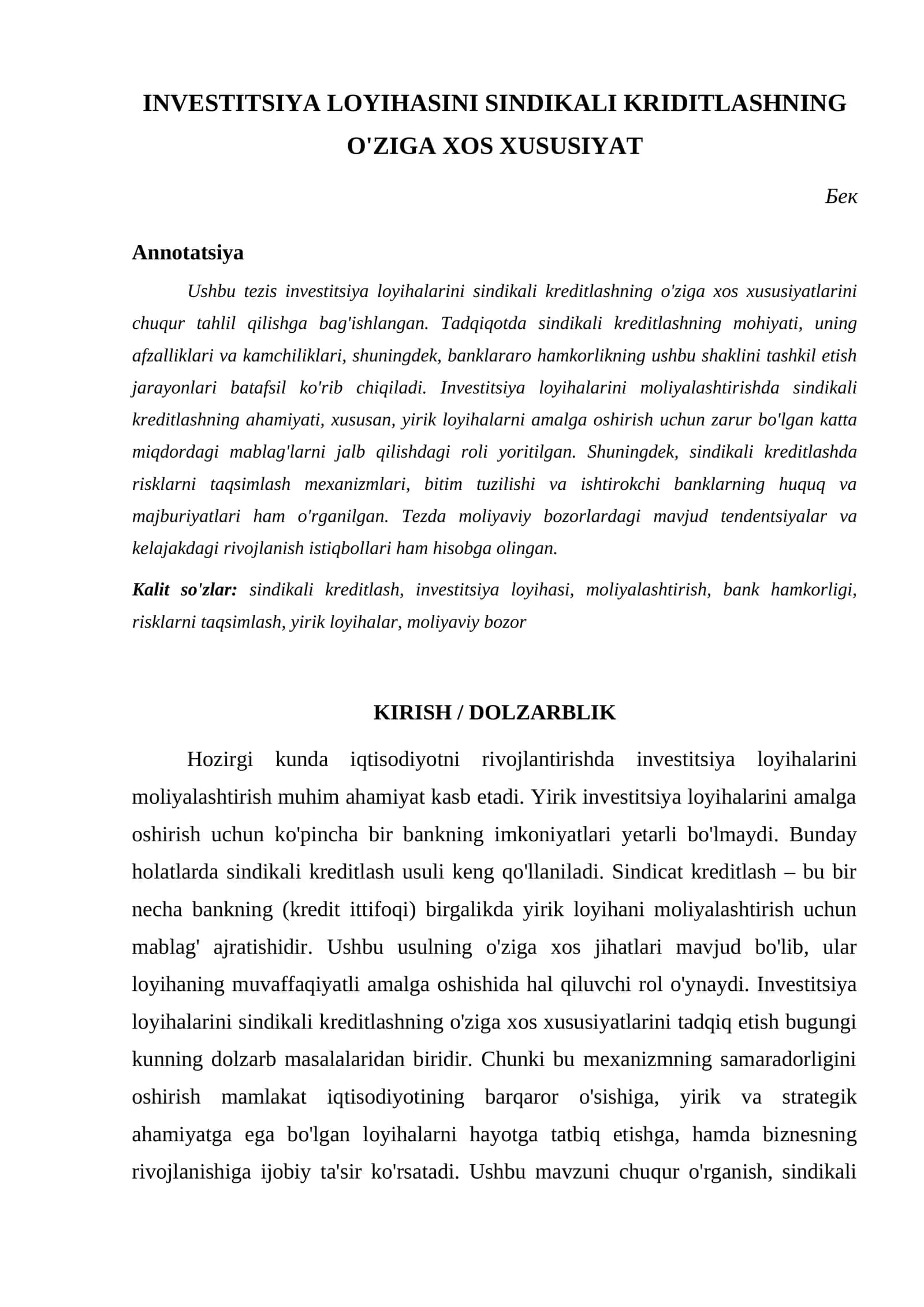 INVESTITSIYA LOYIHASINI SINDIKALI KRIDITLASHNING O'ZIGA XOS XUSUSIYAT 1