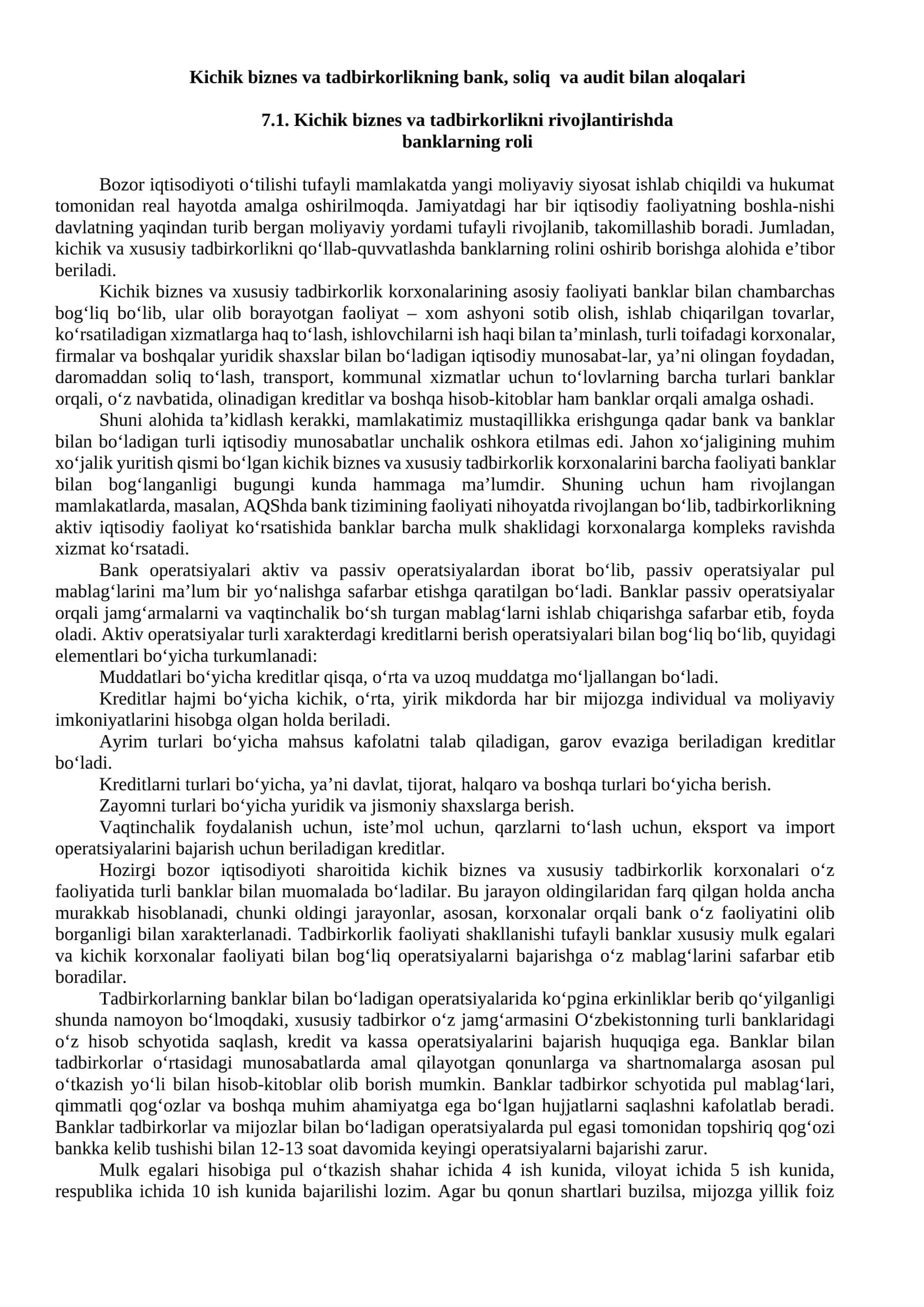 Kichik biznes va tadbirkorlikning bank, soliq va audit bilan aloqalari 1