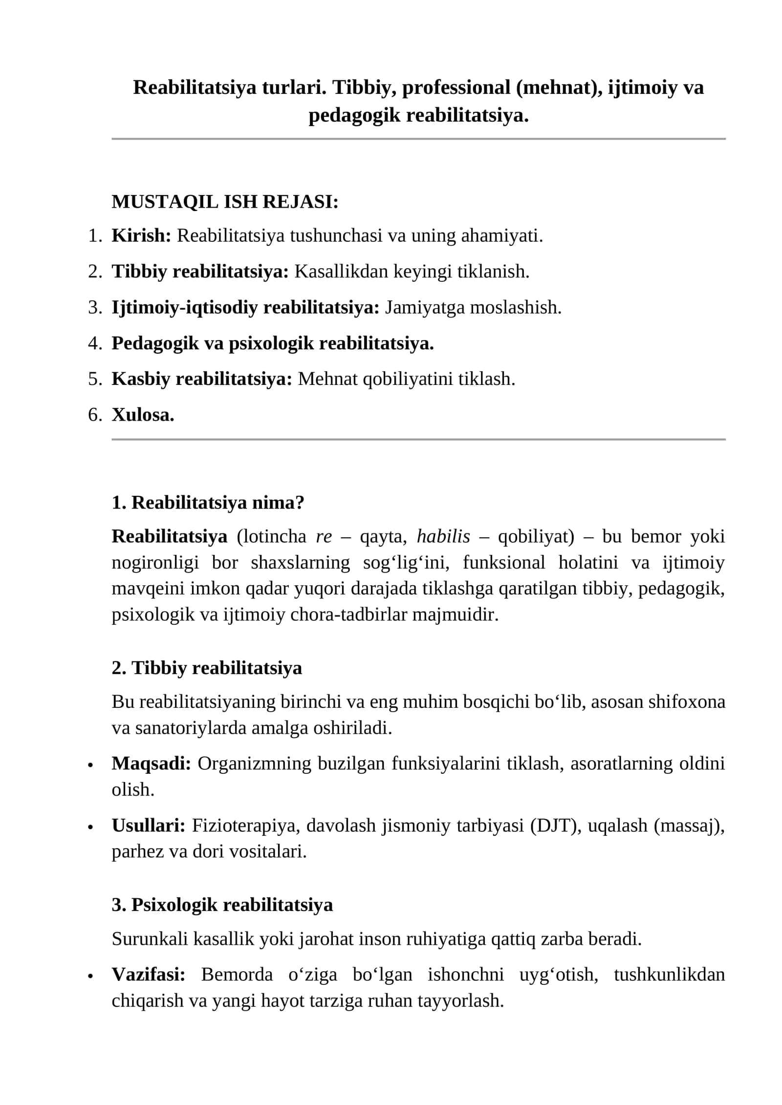Reabilitatsiya turlari. Tibbiy, professional (mehnat), ijtimoiy va pedagogik reabilitatsiya 1