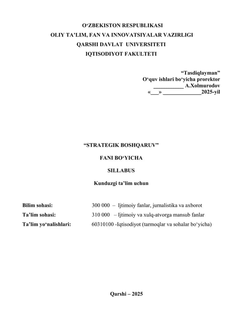 Strategik boshqaruv fanidan sillabus 1