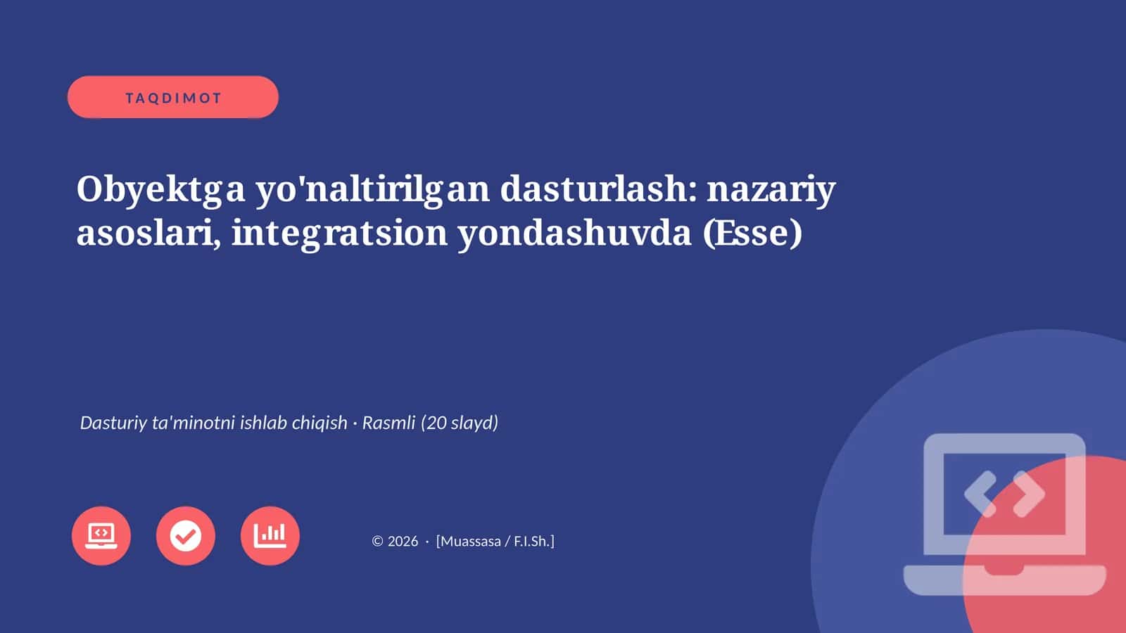 Obyektga yo'naltirilgan dasturlash: nazariy asoslari, integratsion yondashuvda (Esse) 1