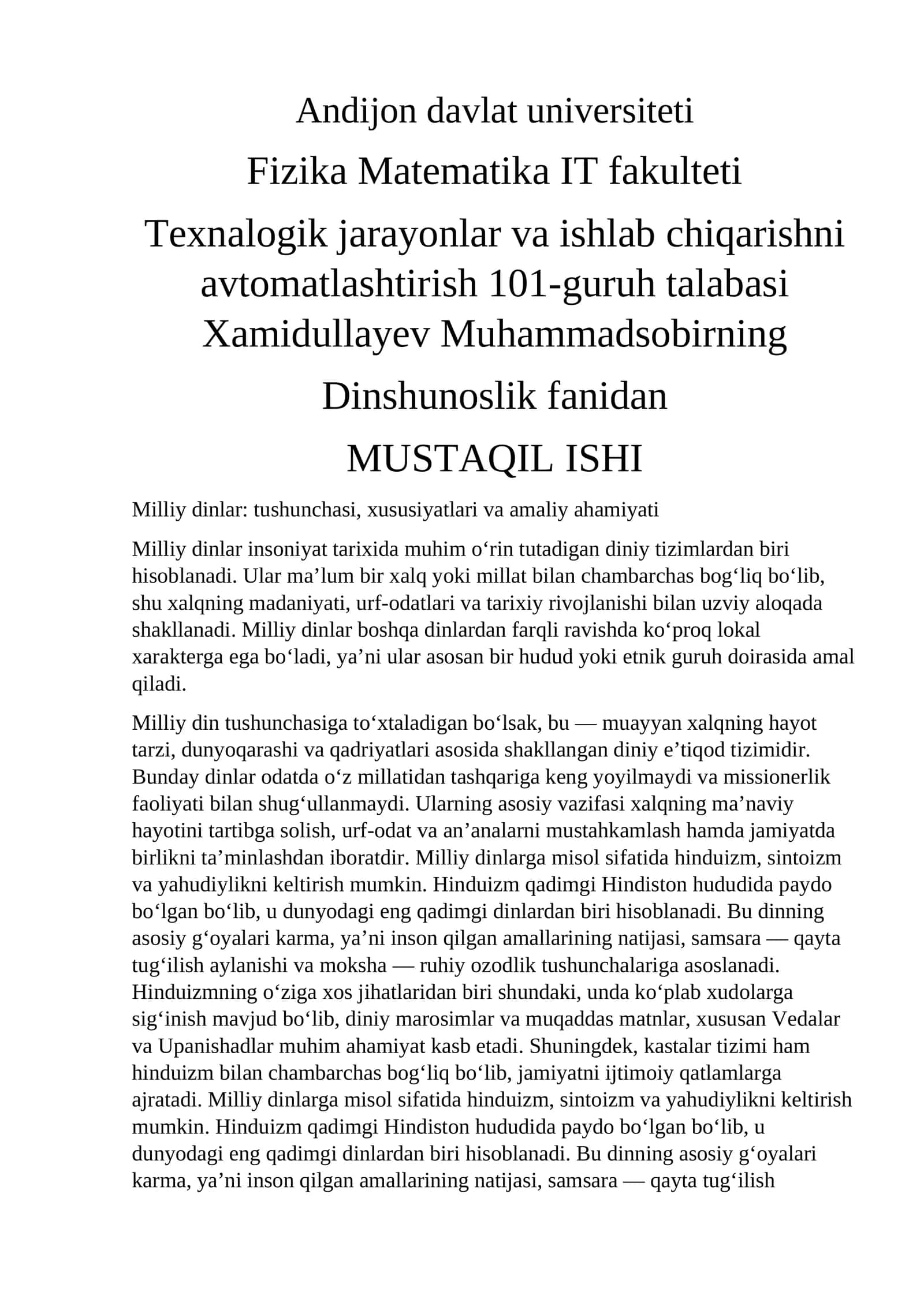 Dinshunoslik fanidan MUSTAQIL ISHI 1