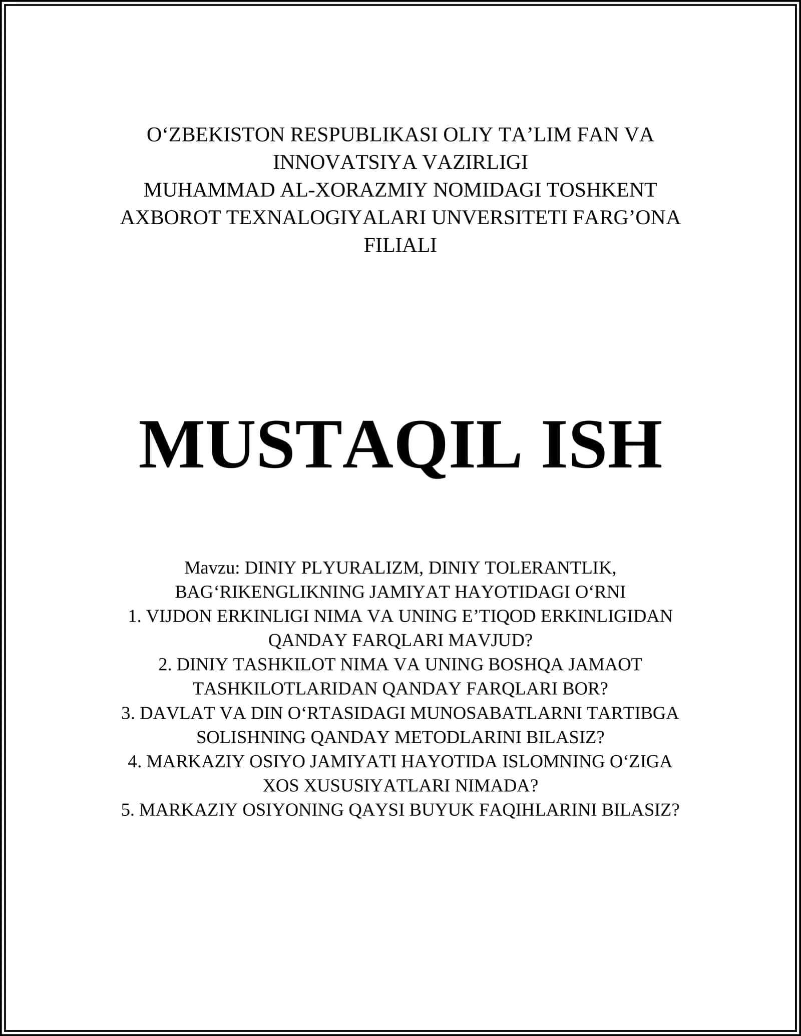 DINIY PLYURALIZM, DINIY TOLERANTLIK, BAG‘RIKENGLIKNING JAMIYAT HAYOTIDAGI O‘RNI 1