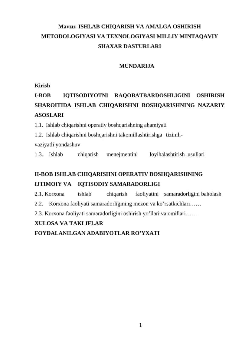 ISHLAB CHIQARISH VA AMALGA OSHIRISH METODOLOGIYASI VA TEXNOLOGIYASI MILLIY MINTAQAVIY SHAXAR DASTURLARI 1