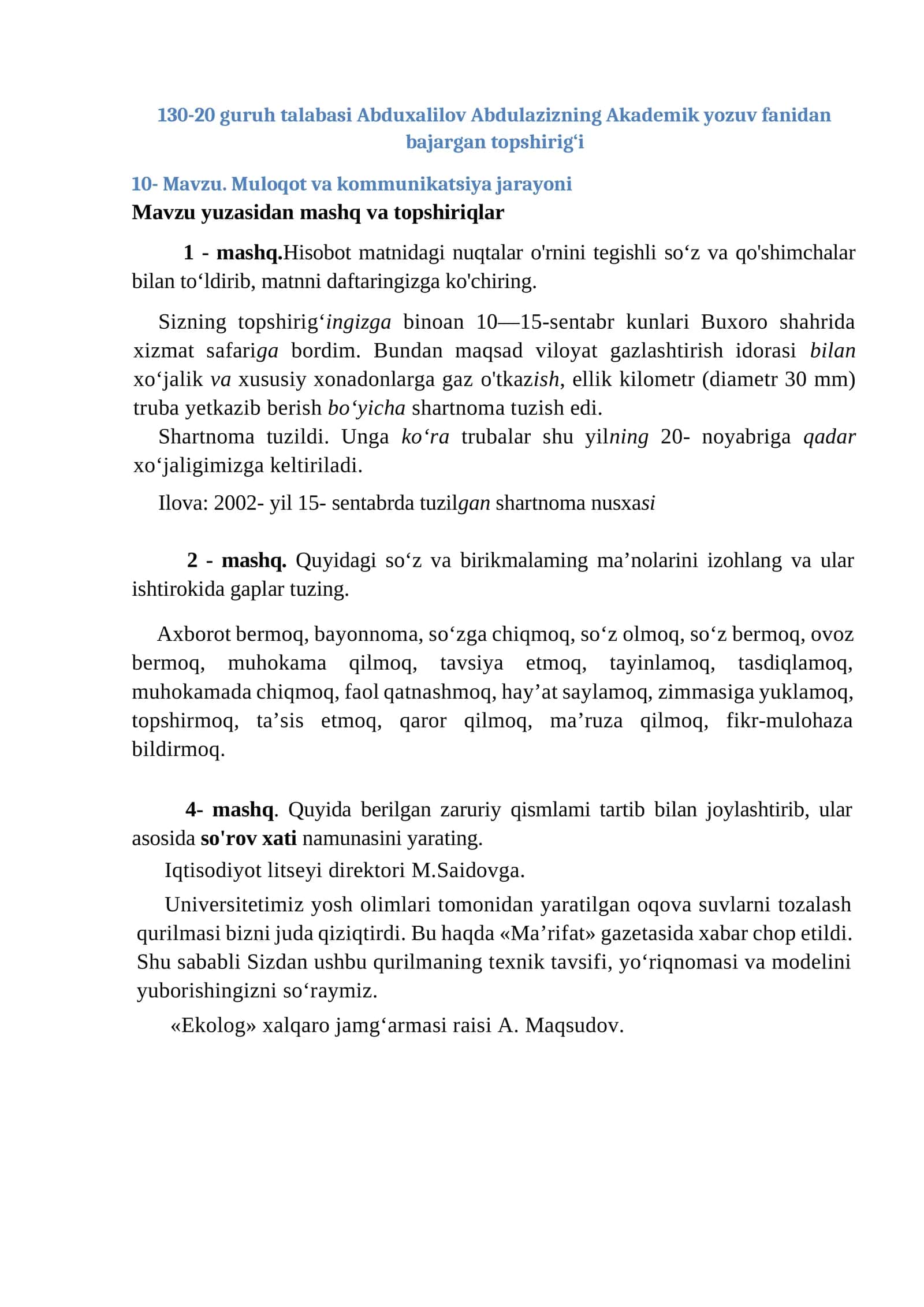 Abduxalilov Abdulazizning Akademik yozuv fanidan bajargan topshirig 1