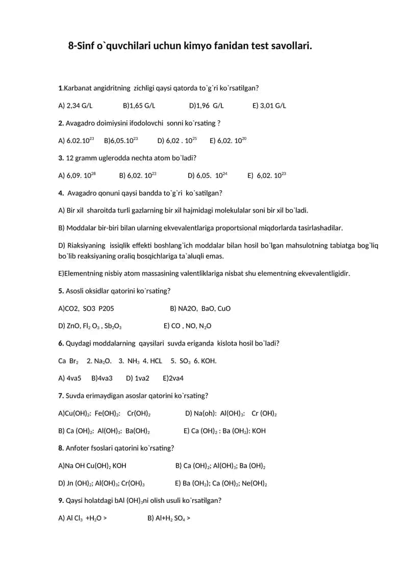 8-Sinf o`quvchilari uchun kimyo fanidan test savollari 1