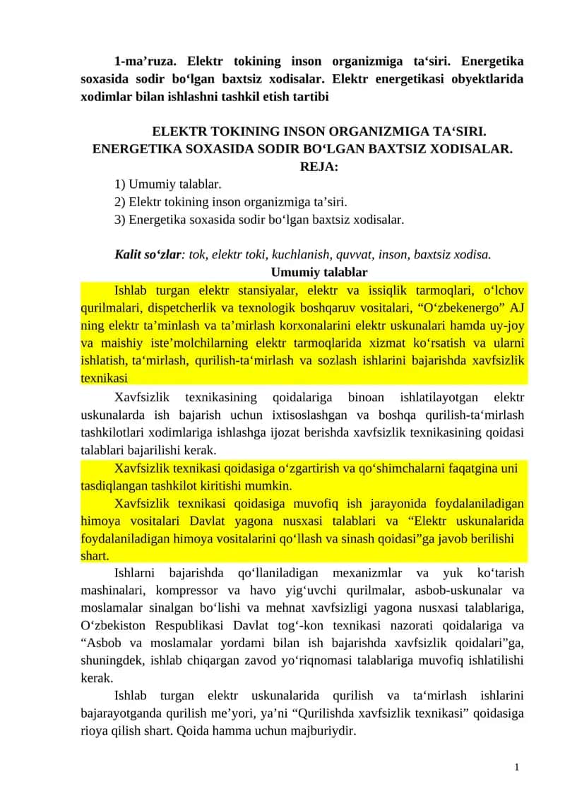 Elektr tokining inson organizmiga taʻsiri. Energetika soxasida sodir boʻlgan baxtsiz xodisalar 1