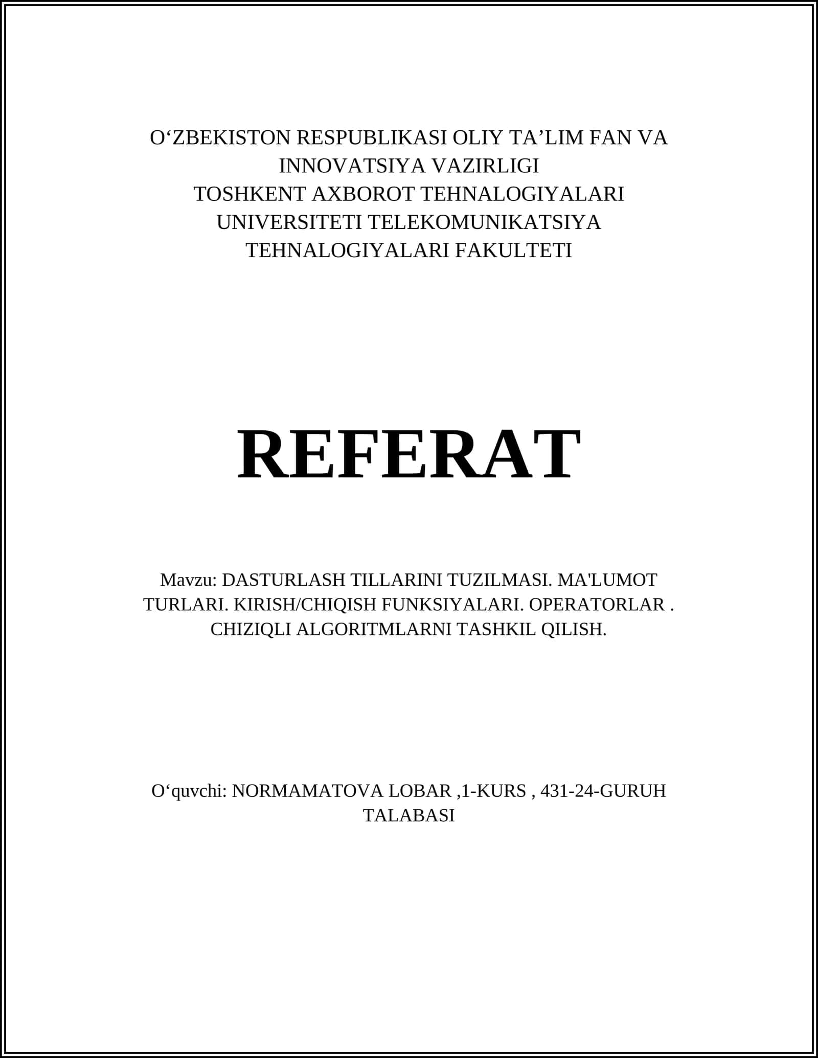 DASTURLASH TILLARINI TUZILMASI. MA'LUMOT TURLARI 1