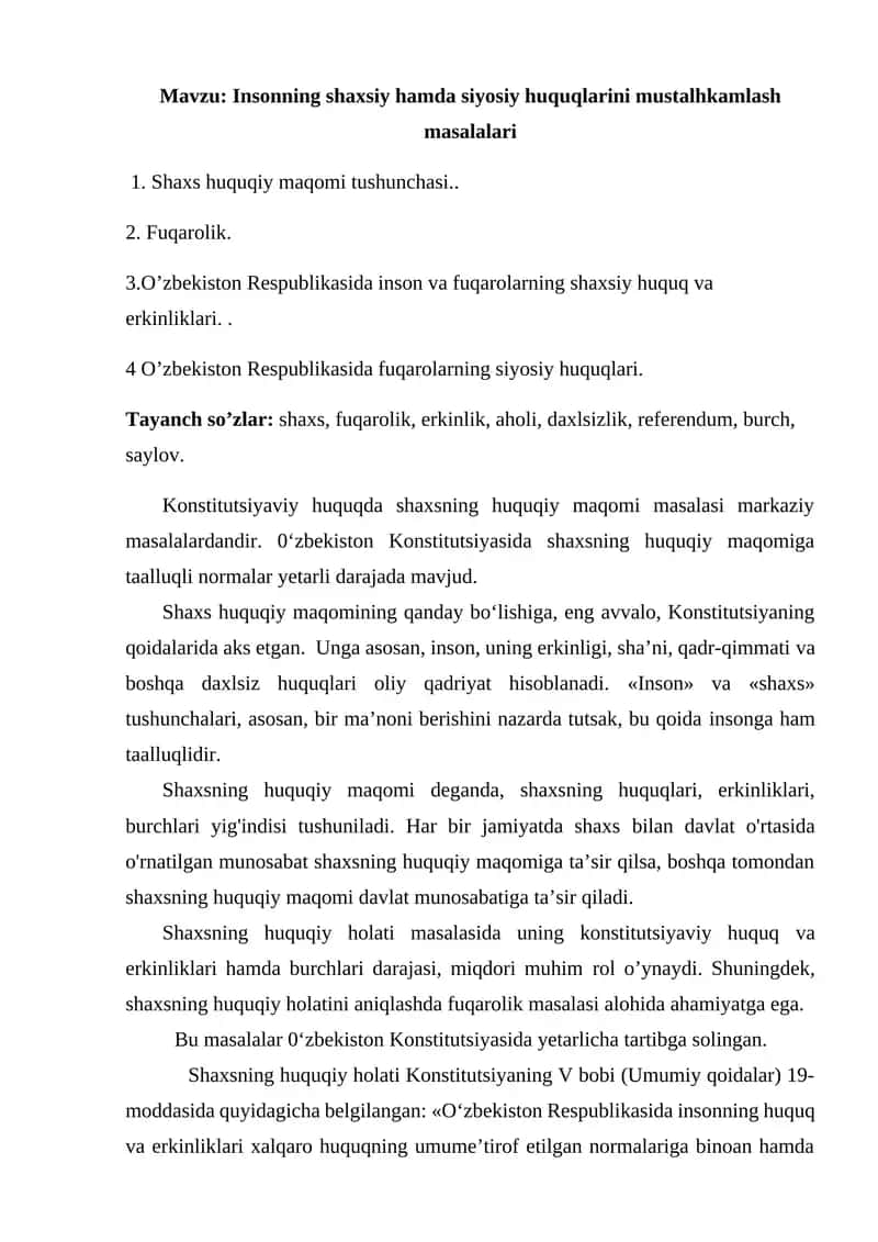 Insonning shaxsiy hamda siyosiy huquqlarini mustalhkamlash masalalari 1
