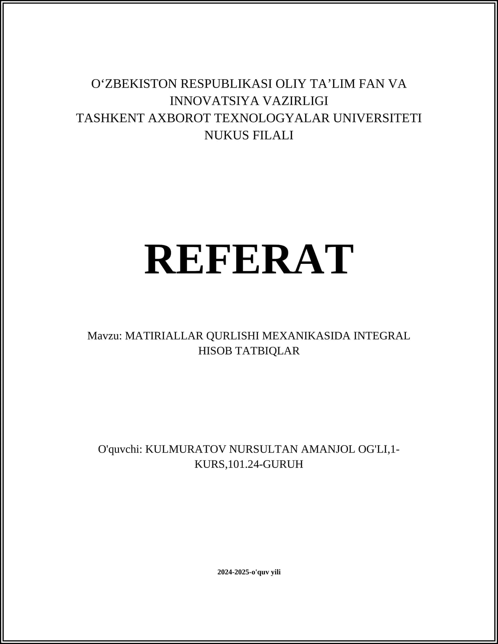 MATIRIALLAR QURLISHI MEXANIKASIDA INTEGRAL HISOB TATBIQLAR 1